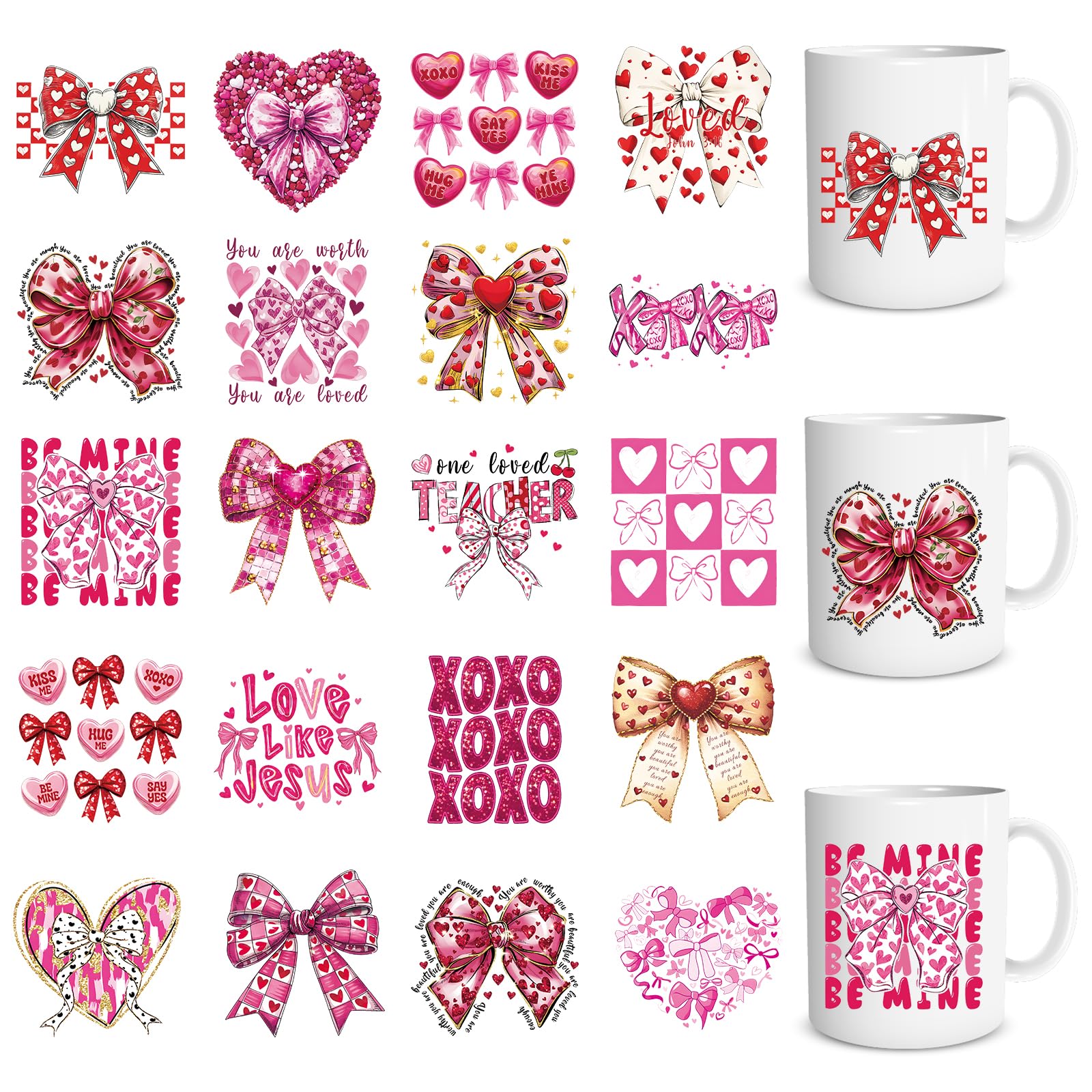 UV DTF Cup Wrap - 20 Pcs Valentines Day Bow UV DTF Transfers Stickers for 16 OZ Pink Love Heart Waterproof UVDTF Transfer Decals for Glasses Cups Mug DIY Crafts
