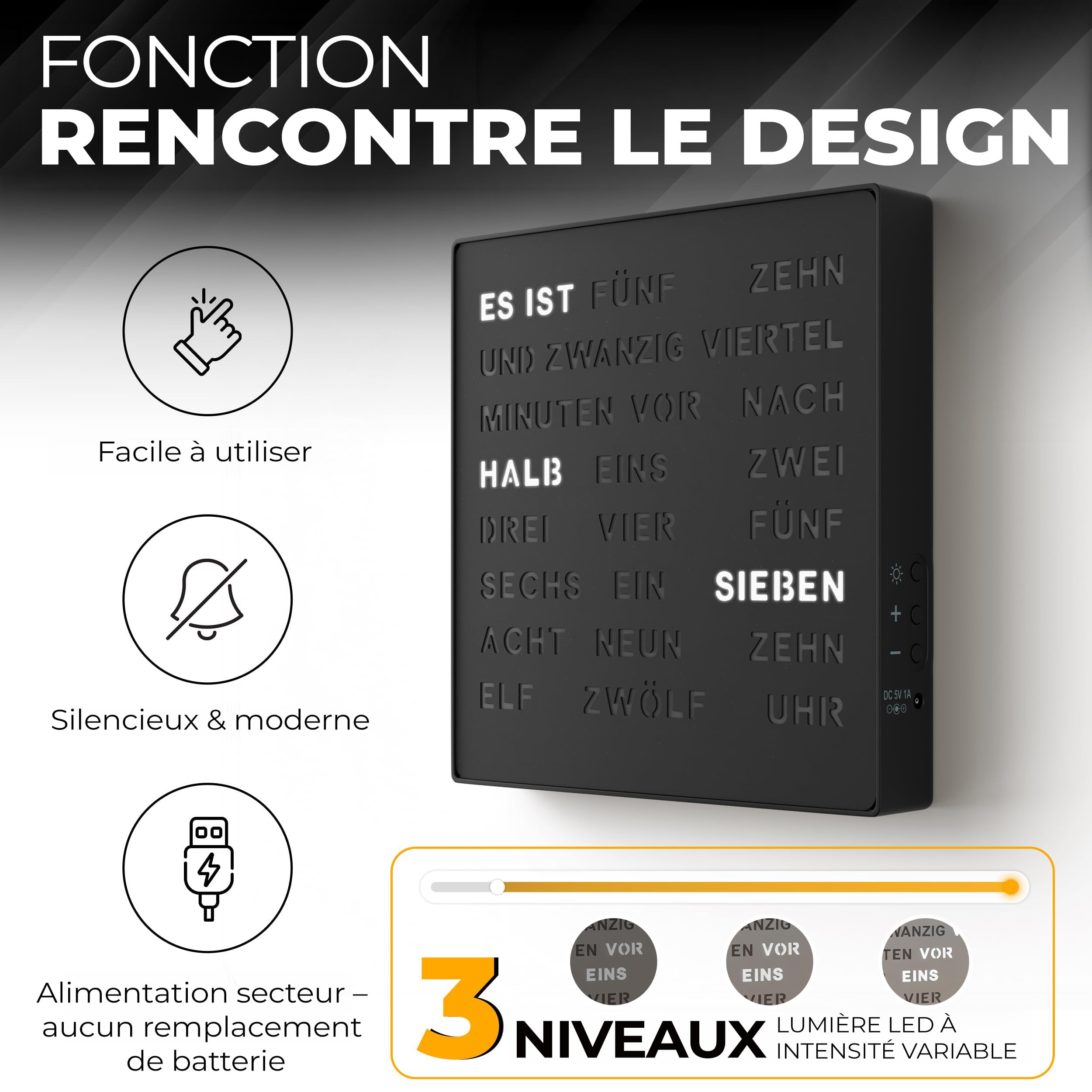 Bada Bing Horloge LED Noire avec Affichage du Mot Allemand - Horloge | en métal élégante avec câble USB - Horloge murale moderne - Horloge de table de qualité supérieure silencieuse à poser/à
