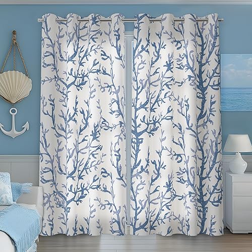 Miniatura 3 de Cortinas náuticas costeras, decorativas, playa, océano, coral, 50% de bloqueo de luz, oscurecimiento del mar, cortina con ojales para villa, sala de