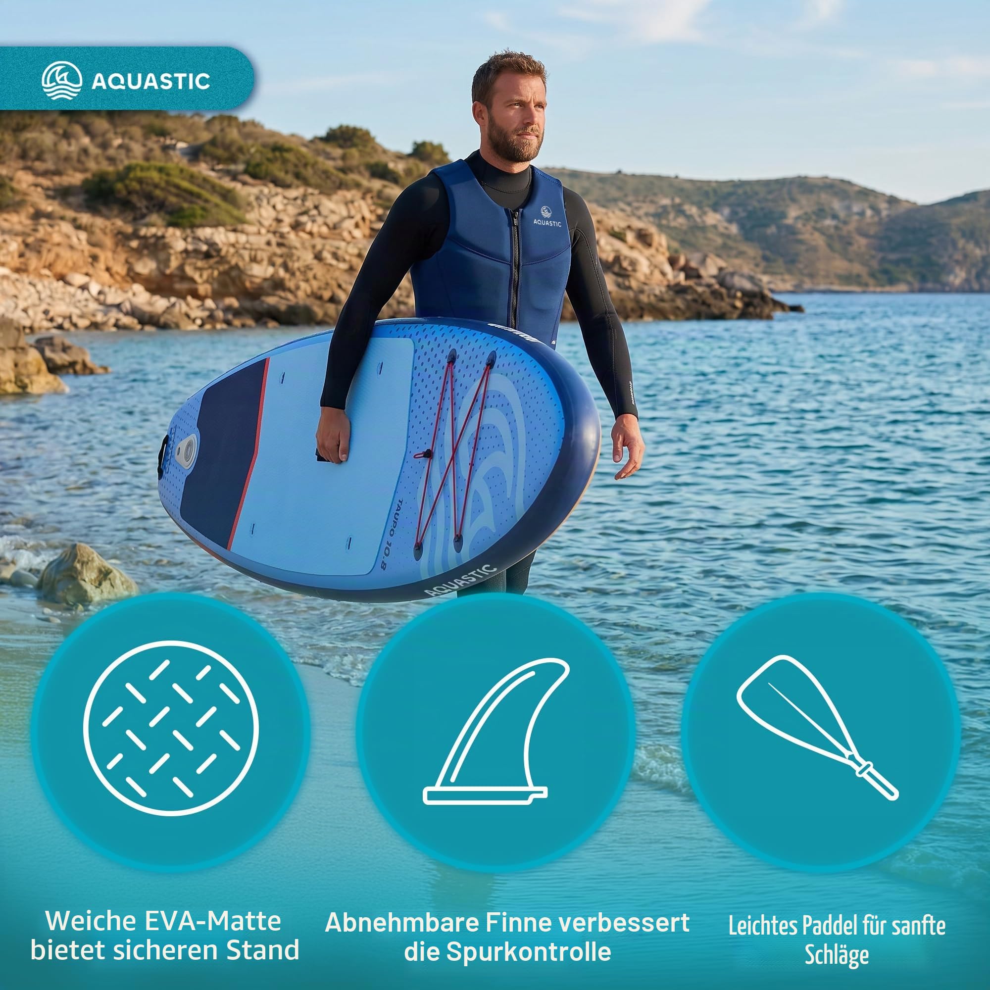 AQUASTIC Taupo SUP Board 10'8" Allround – aufblasbares Stand Up Paddle Board mit Paddel, Pumpe & Rucksack