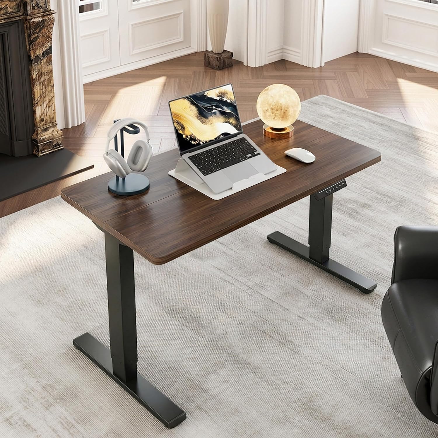 Small Electric Standing Desk Adjustable Height, 32 inch, 4 Memory Height Settings, Sit Stand Up Desk for Home Office & Computer Workstation, Black Walnut