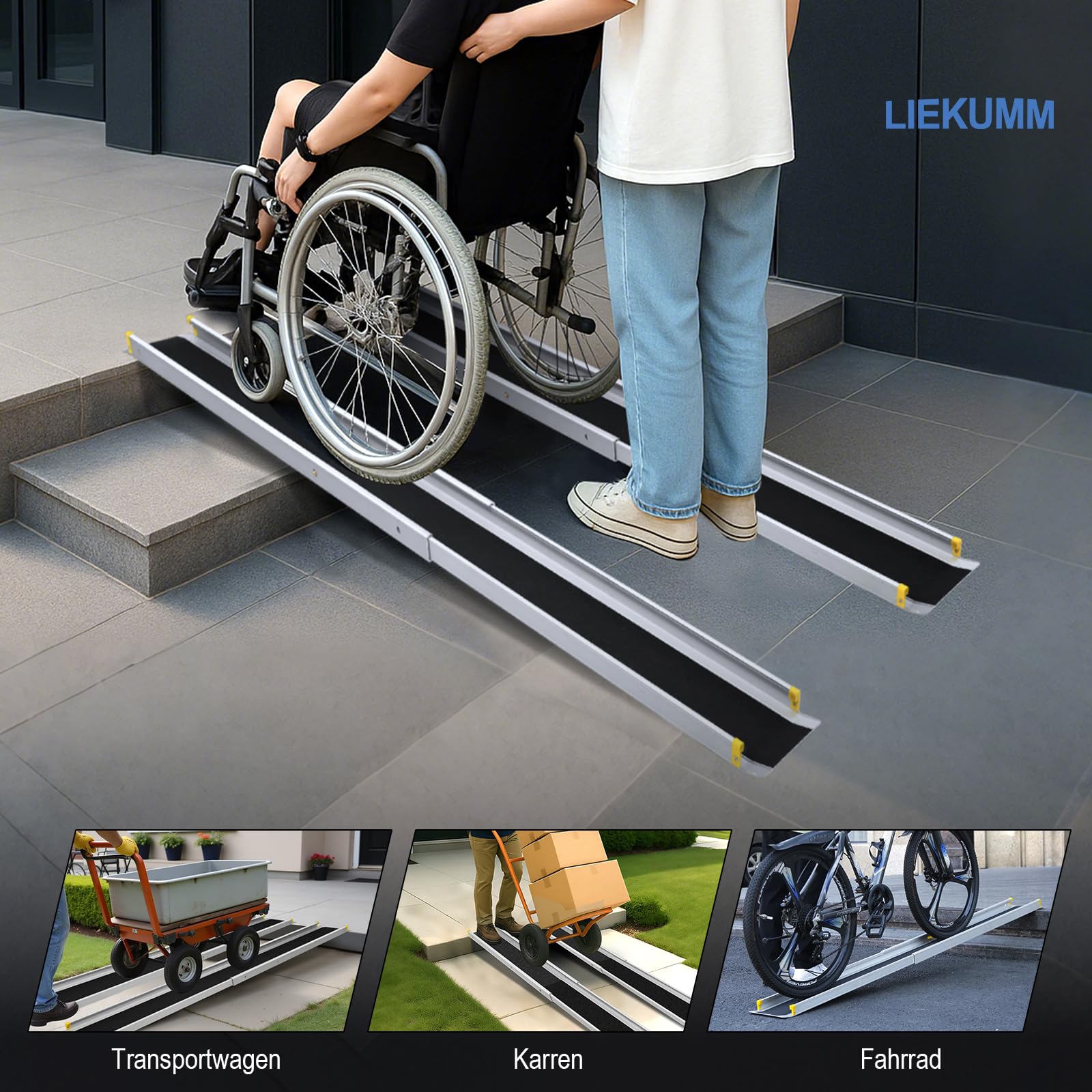 LIEKUMM 2X Teleskop Rollstuhlrampe 105–183 cm, 300 kg Tragkraft | Teleskoprampe für Rollstühle, Scooter, Elektrorollstühle, Türschwellen und Fahrräder, 3-fach verstellbar, mit Tragetasche