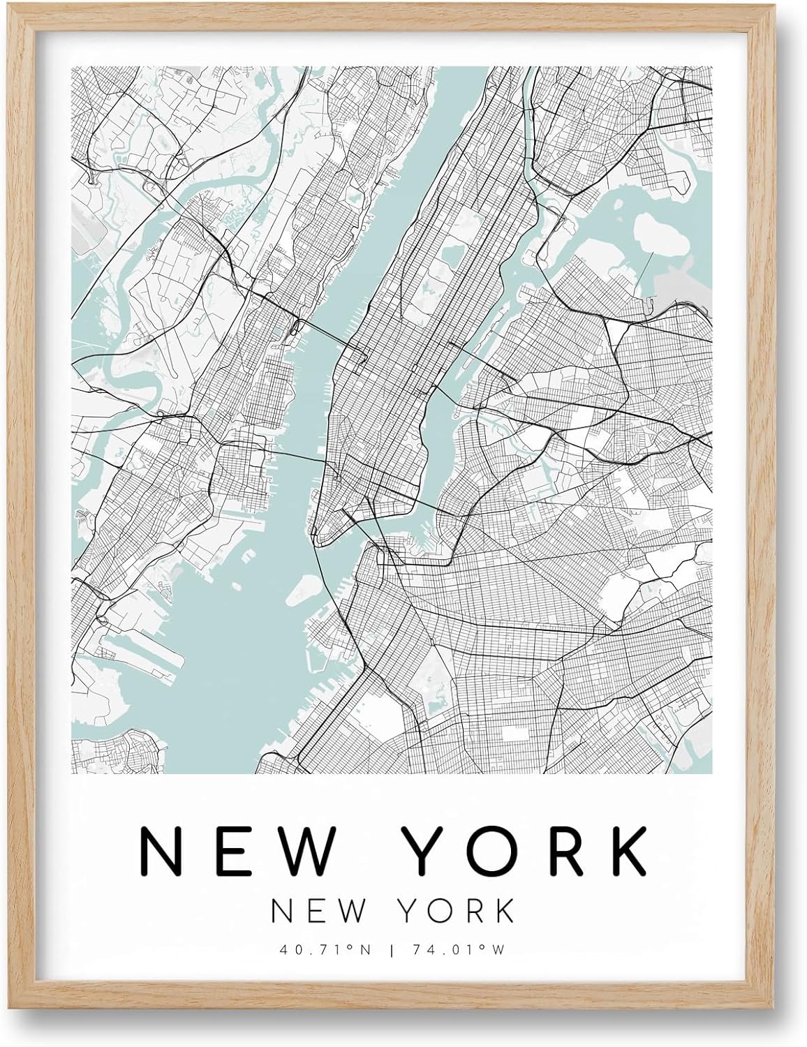 New York Map Framed Wall Art,12x16in City Map Canvas Print,Natural OAK Frame,...