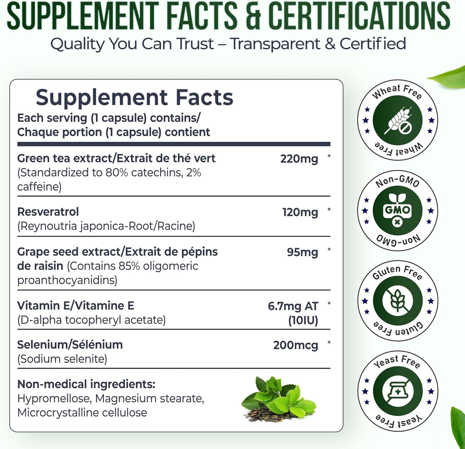 Allbe 220mg Green Tea Extract Capsules, 120mg Resveratrol & 90mg Grape Seed Extract with Viatmin E and Selenium, 4 Packs of 90 Antioxidant Support Capsules, Serving Size: 1 Capsule, 360 Days Supply
