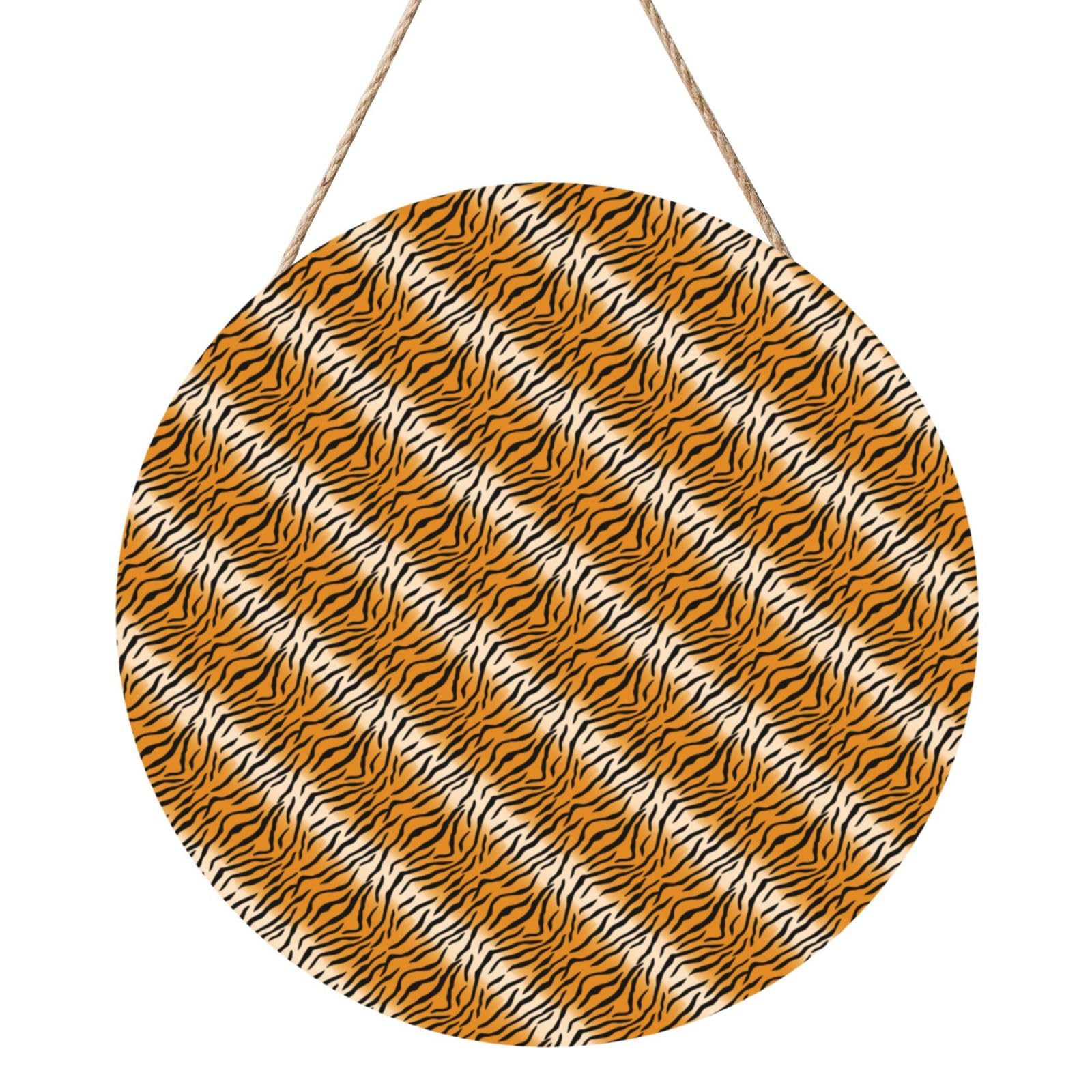 InOmak Tiger Striped, Round Wood Panel Painting 12 in, Wall Hanging Painting For Home