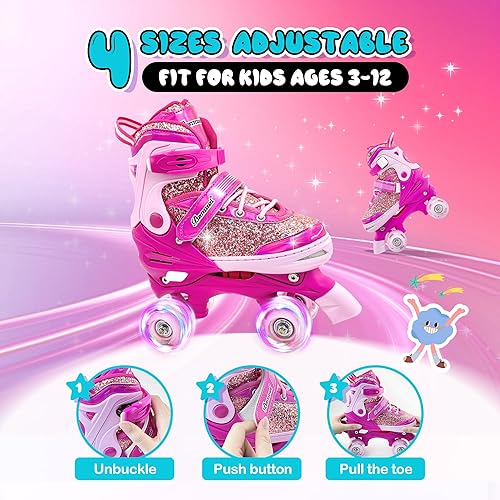 Vista 3 de Patines de ruedas para niños y niñas, 4 tamaños ajustables de 3 a 5 a 8, 6 a 12 años, patines cuádruples con ruedas iluminadas para principiantes