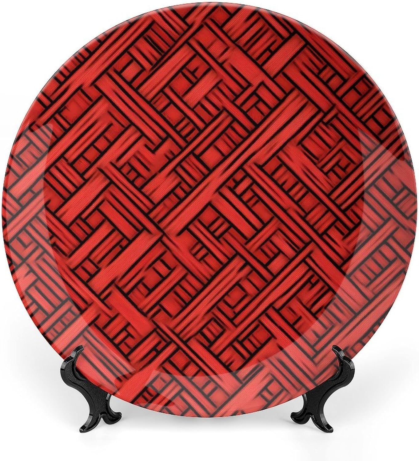 Red Japanese Woven Pattern Decorative Plates for Display Ceramic Plate Tray with Stand Hanger Home Decor