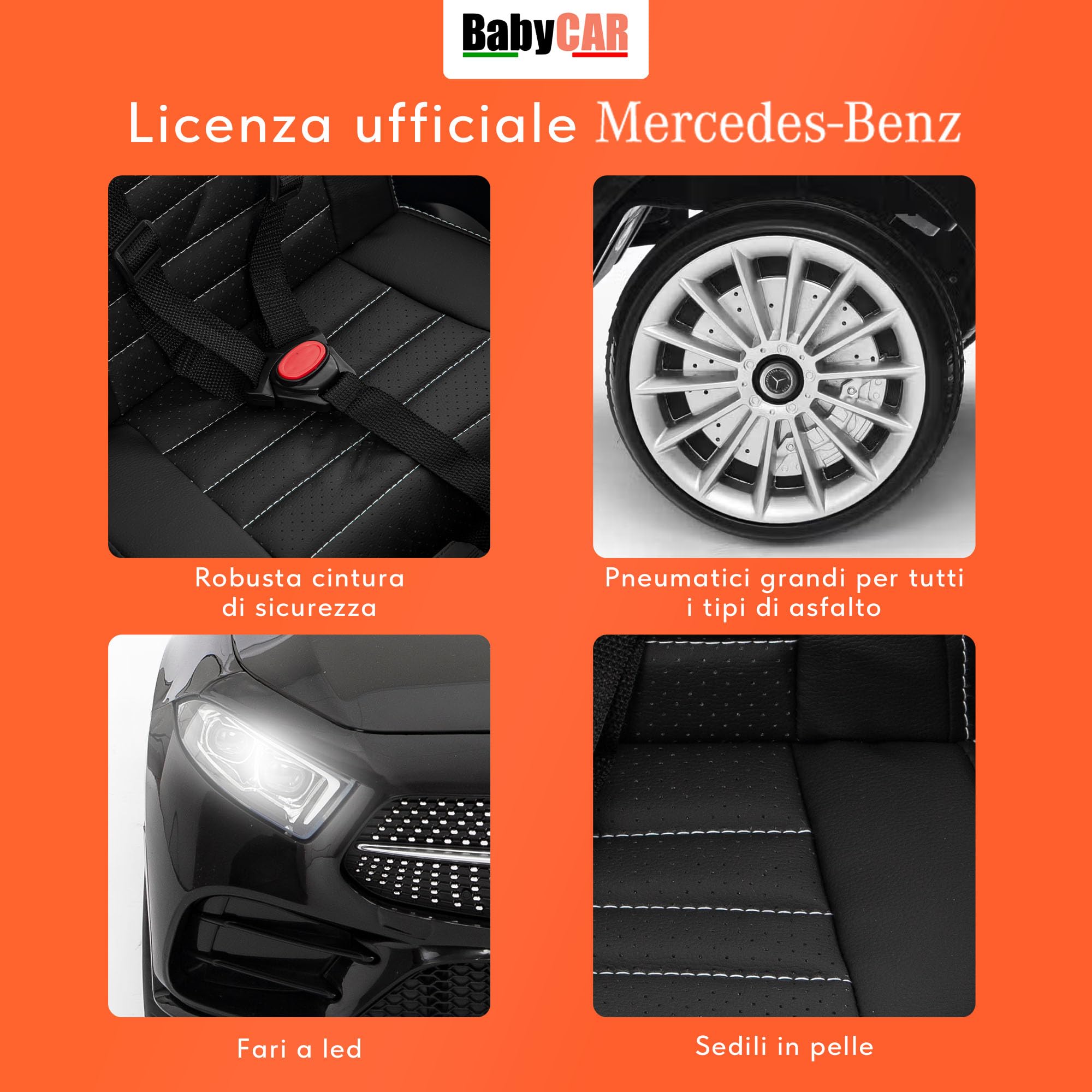 BabyCar Mercedes CLS 350 AMG | Macchina elettrica per bambini 12V 2x25W | Auto elettrica per bambini telecomandata, sedile pelle, porte apribili, MP3/USB | Licenza ufficiale | Nera | Occhiali-Targa