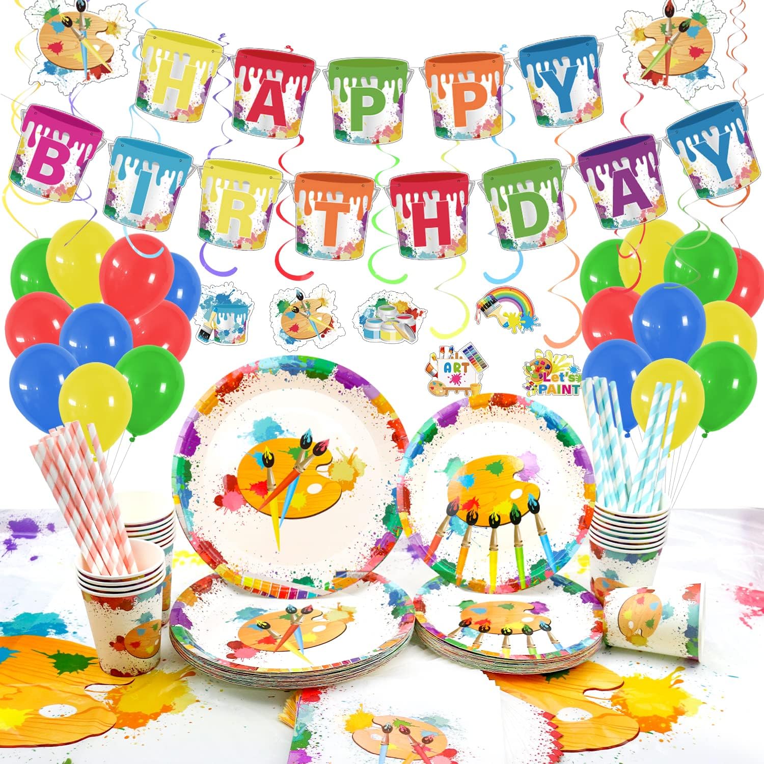 Art Birthday Party Supplies - Paint Party Tableware Set - Plates, Cups, Napkins, Straws, Tablecloth, HAPPY BIRTHDAY Banner, Hanging Swirls, Balloons for 20 Guests