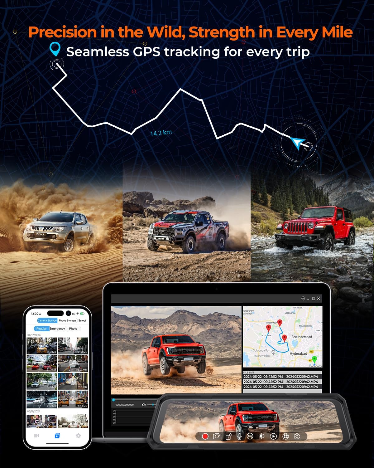 Acumen 4K+2.5K Waterproof Rear View Mirror Camera, 12" Mirror Dash Cam Front and Rear, Backup Camera for Cars,Trucks,SUVs,Jeeps,UTVs with WiFi,GPS,WDR, 64GB Card (The Legend 2CH)