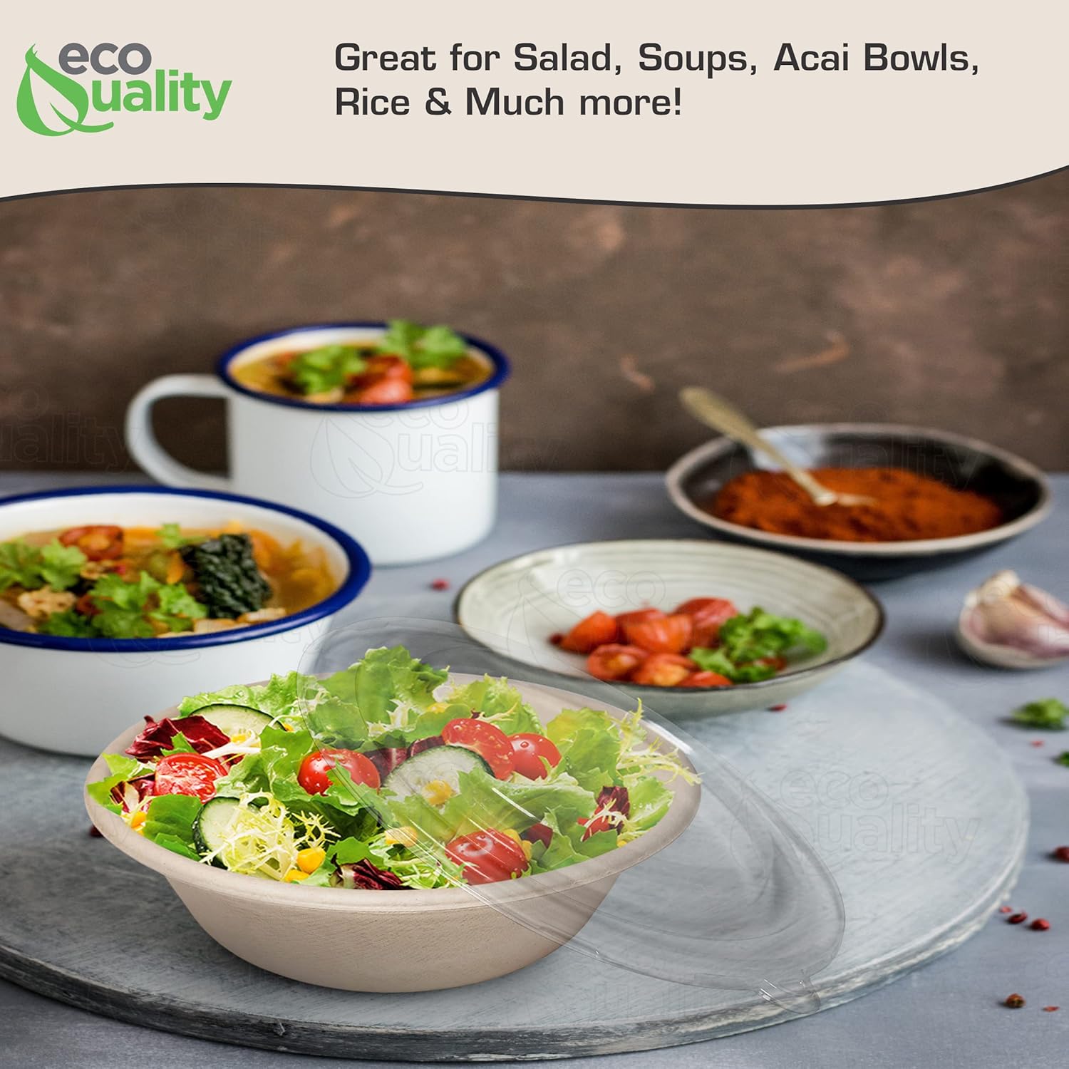 150 Count - EcoQuality 32oz Round Disposable Bowls with Dome Lids Natural Sugarcane Bagasse Bamboo Fibers Sturdy Compostable Eco Friendly Environmental Paper Plastic Bowl Alternative Tree Free