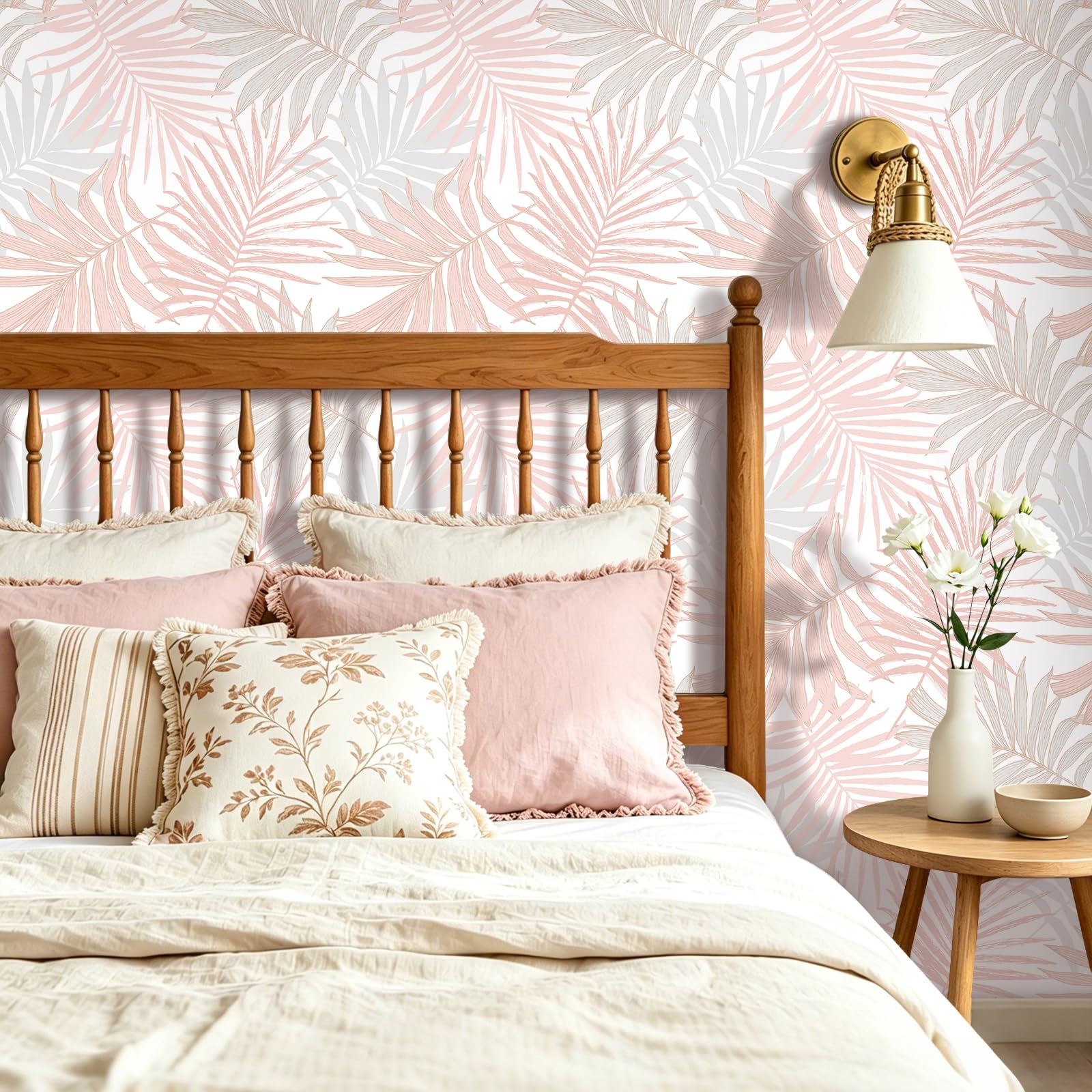 FunStick 44.5CMx9M Papel Pintado Autoadhesivo Pared Hojas Palmera Rosa Papel Adhesivo para Muebles Dormitorio Salón Hojas Acuarela Rollo Vinilo Autoadhesivo Cocina Vinilos para Puertas Armarios Rosa