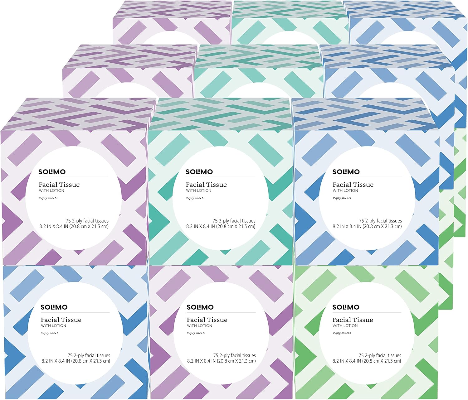 Amazon Brand - Solimo Facial Tissues with Lotion (18 Cube Boxes), 75 Tissues per Box (1350 Tissues Total)