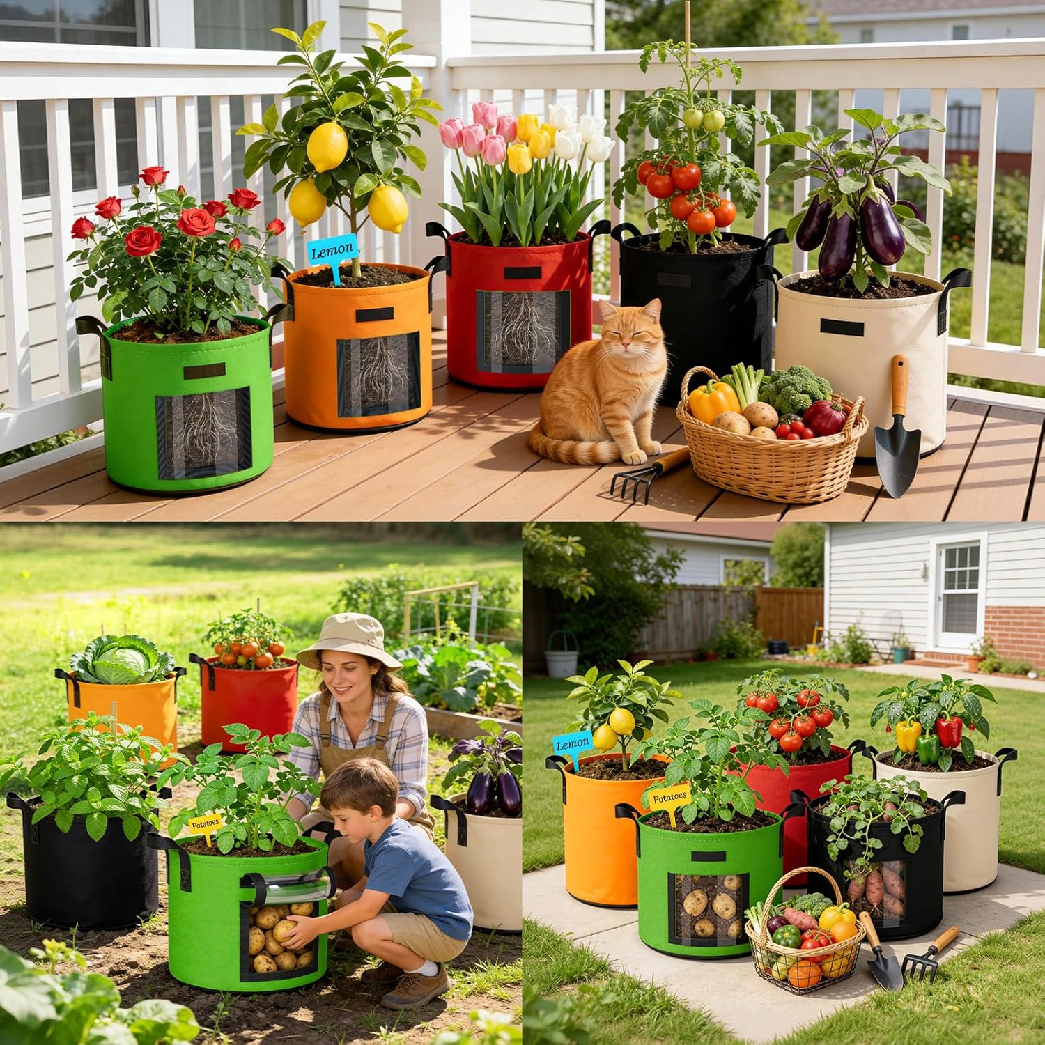 20 Gallon Potato Grow Bags: Set of 5 Colorful Gardening Supplies Fabric Pots with Harvest Window Reinforced Handles - Planting Container for Vegetable Tomatoes Carrot Flowers Balcony Patio Use