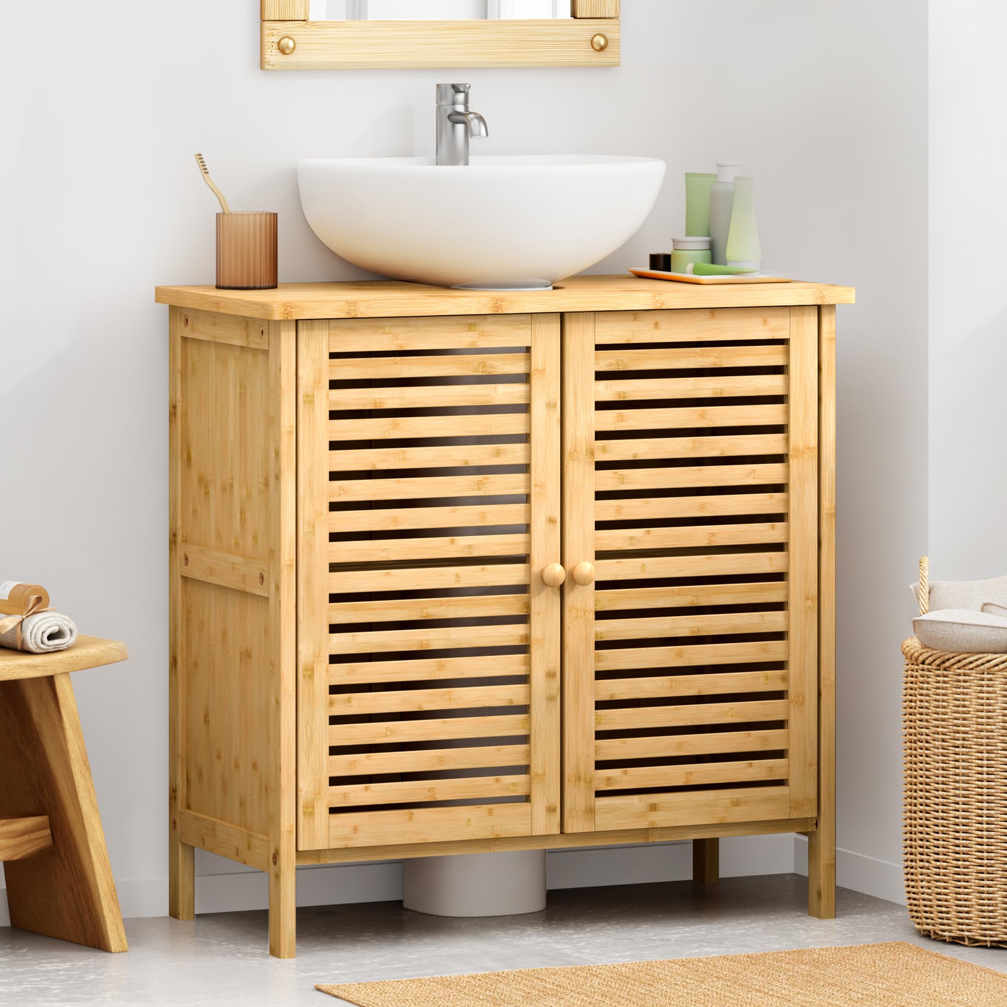 SogesPower Mobile lavabo in bambù, mobiletto lavabo con ante e ripiani, mobiletto per lavandino, mobiletto bagno in bambù