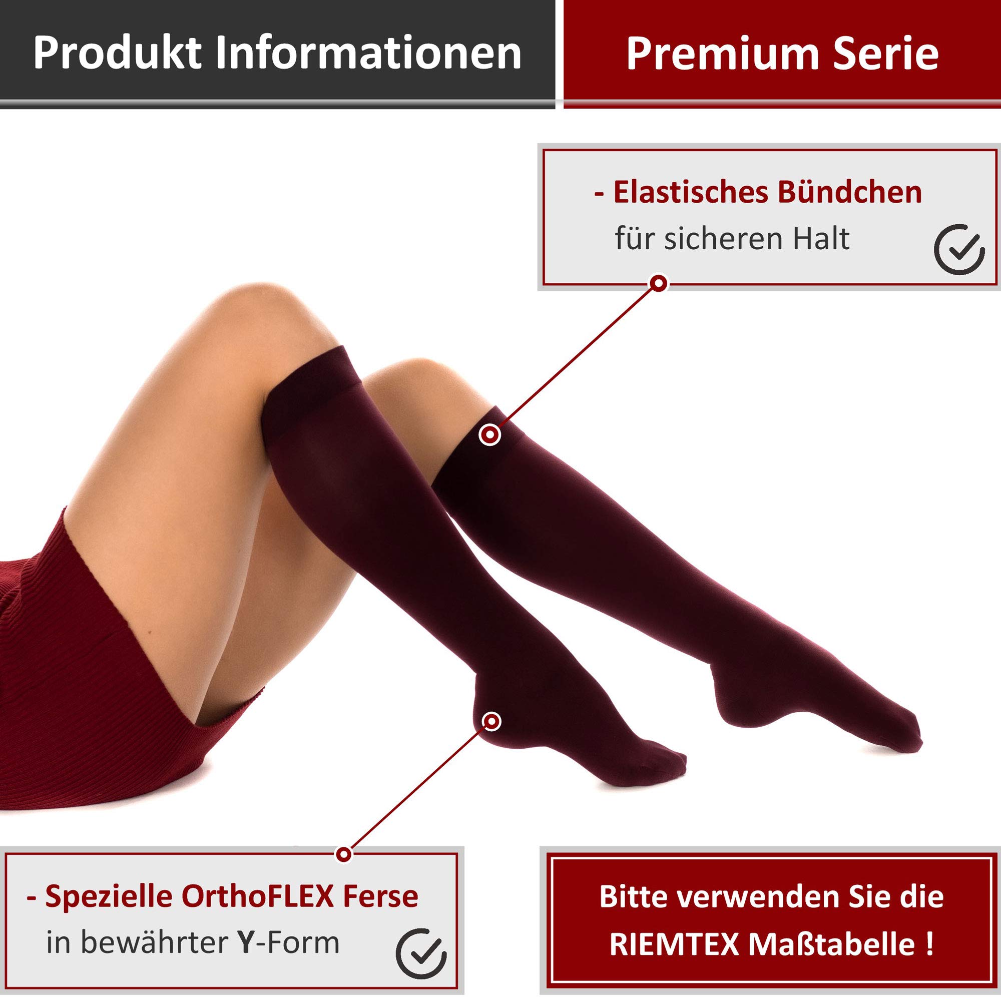 RIEMTEX medizinische Kompressionsstrümpfe Klasse 2 CCL2 23-32 mmHg Wadenstrümpfe für Damen Geschlossene Spitze PREMIUM Serie 3211a