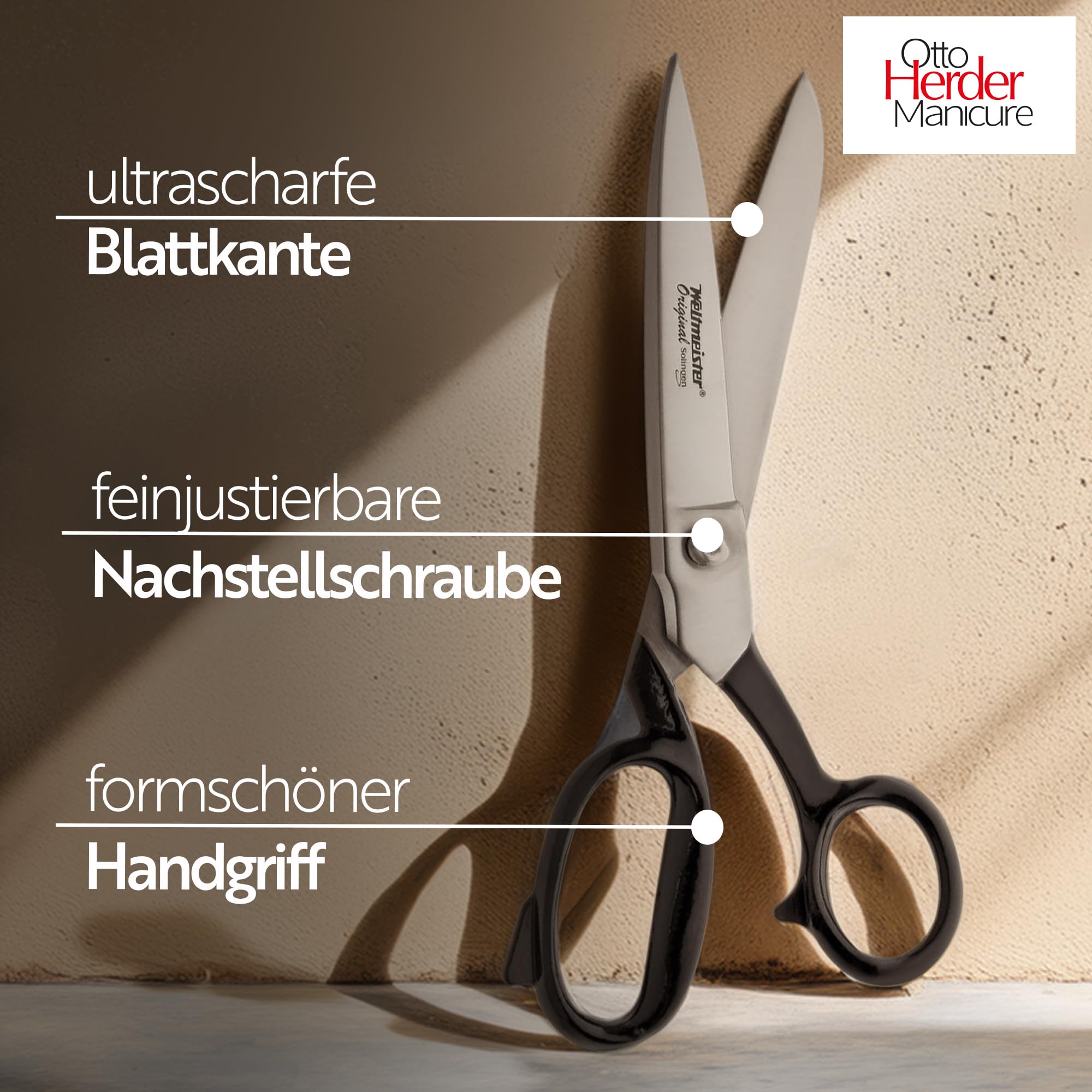 OTTO HERDER Solinger Stoffschere 8 Zoll, Schneiderschere aus rostfreiem Edelstahl, Nähschere für Stoff, Jeans und Leder