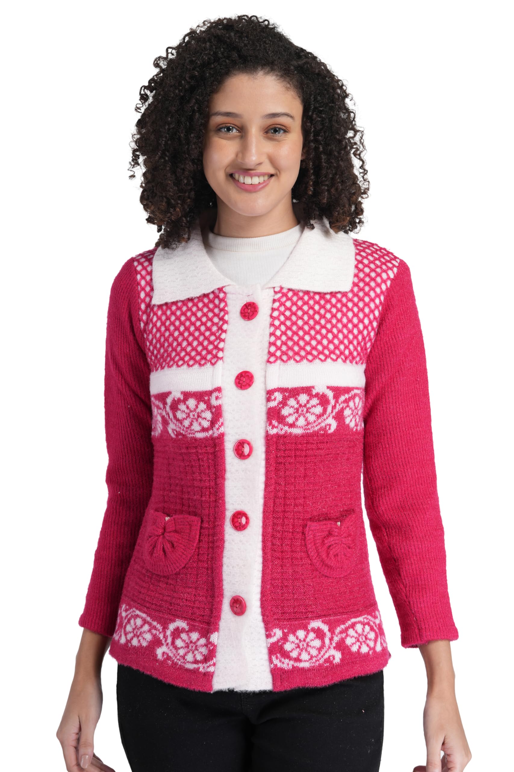 manra Women White Collared Neck Casual Wear Stylish Cardigan Sweaters with Front Pockets Full Sleeve Sweater for Winter wear (Magenta)-picture-17