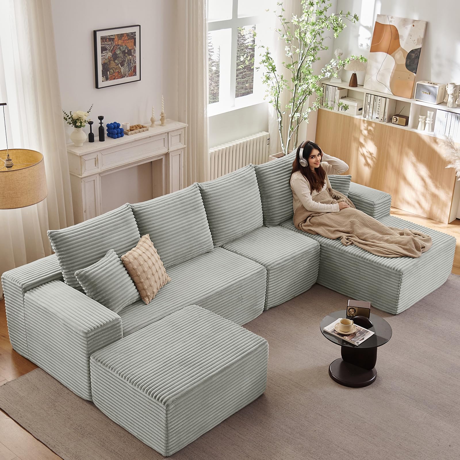 135" U-Shape Cloud Couch, Modern Modular Sectional L-Shape Sofa with Ottoman, No Assembly Required, Deep Seat, Upholstered Corduroy Sleeper Chaise