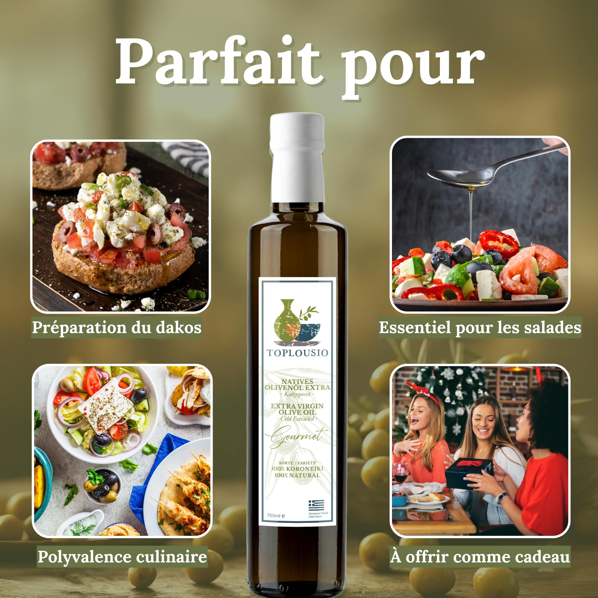 TOPLOUSIO Huile d’Olive Vierge Extra 750 ml 100% Koroneiki de Grèce, Pressée à Froid, Goût Fruité & Doux – Origine Ancienne Olympie – Parfaite pour Salades, Pâtes & Cuisine Méditerranéenne