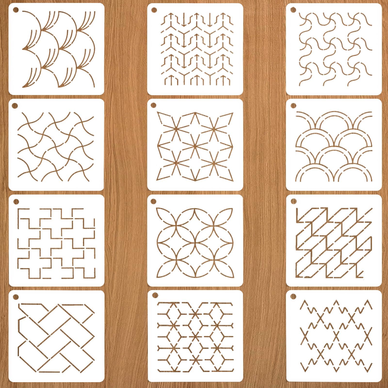 12 Pcs Plastic Sashiko Stencil, Reusable Embroidery Stencils for DIY Crafts, 5.47×5.47 Inch Geometric Sashiko Pattern Templates Stabilizers for Sewing, Hand Quilting and Embroidery