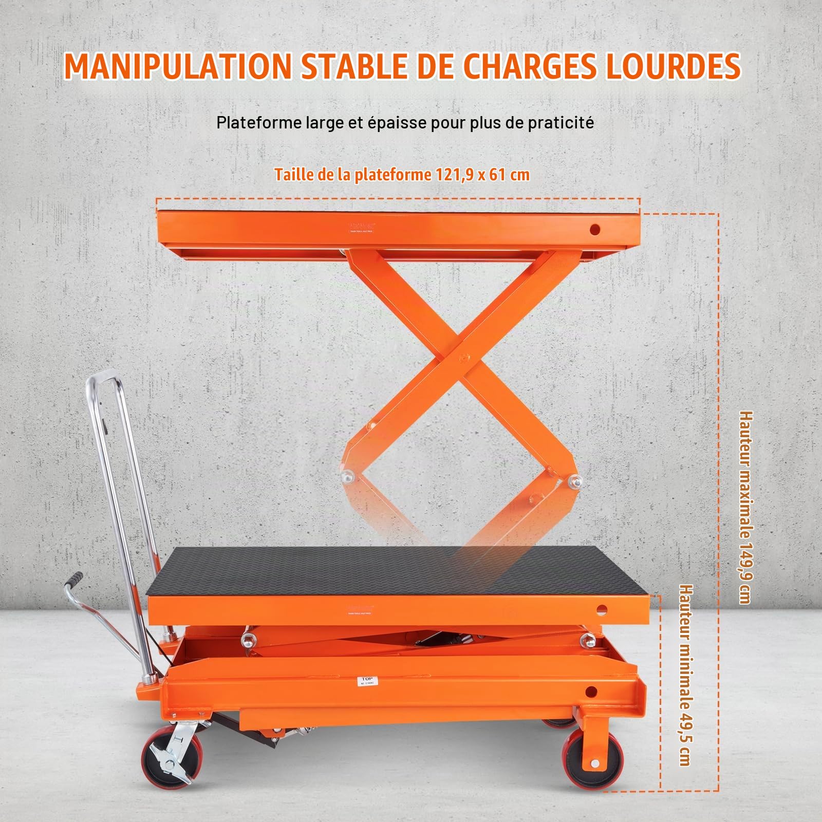 VEVOR Chariot à Table Élévatrice Hydraulique Capacité Charge 800 kg Chariot Élévateur Manuel à Double Ciseaux Hauteur Levage 1500 mm 4 Roues Coussin Antidérapant pour Manutention Transport Matériaux