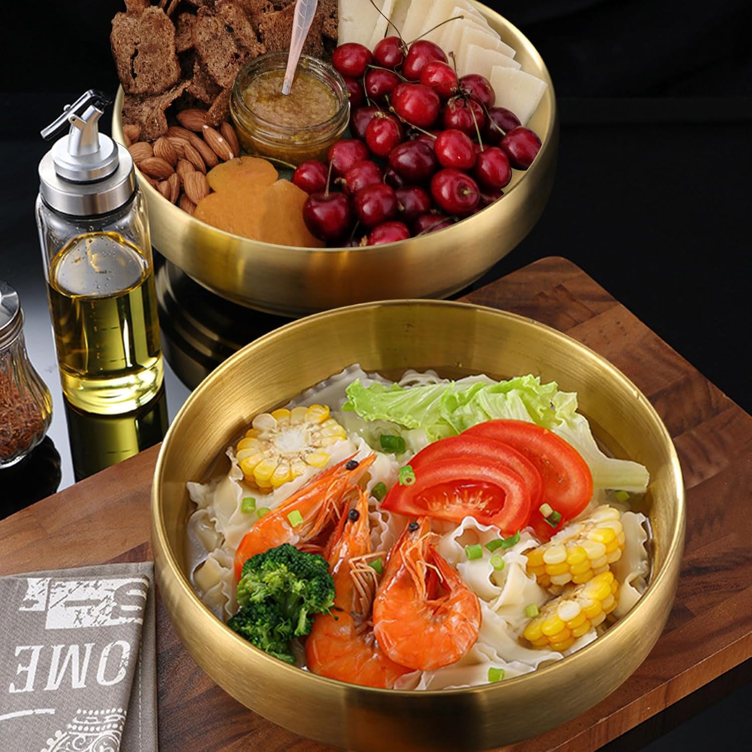 2Pcs 9" Gold 304 Stainless Steel Soup Bowl, 43Oz Deep Mixing Bowl, Double Walled Salad Container, Durable Ramen Rice Noddle, Insulated Sashimi Dish, Serving for Home Restaurant Buffet BBQ