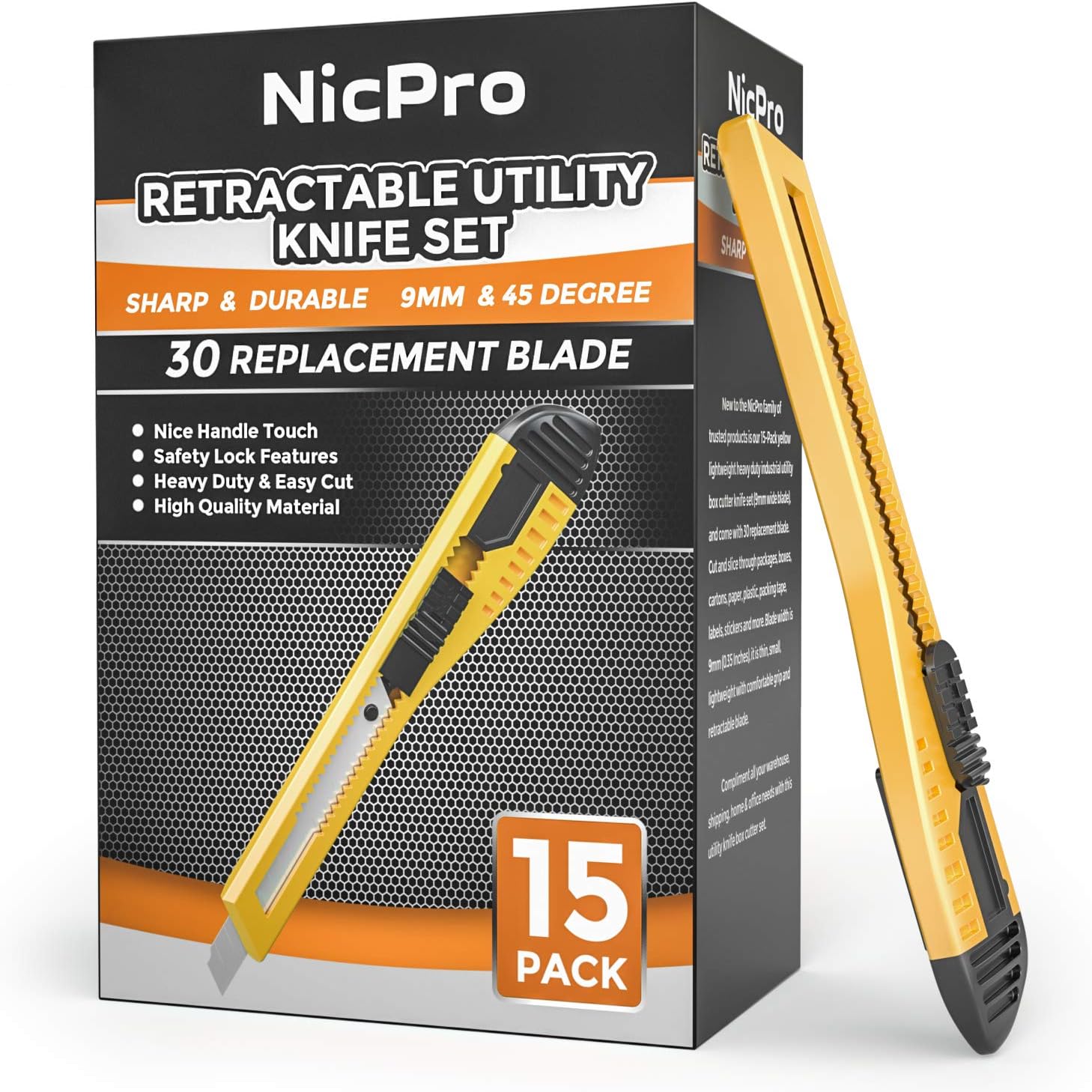 Nicpro 15 PCS Utility Knife Box Cutters Retractable Razor Knife 9mm with 30 PCS Extra Snap Off Blades for Lightweight Office, Home, Arts Crafts, Hobby (Pack of 2)