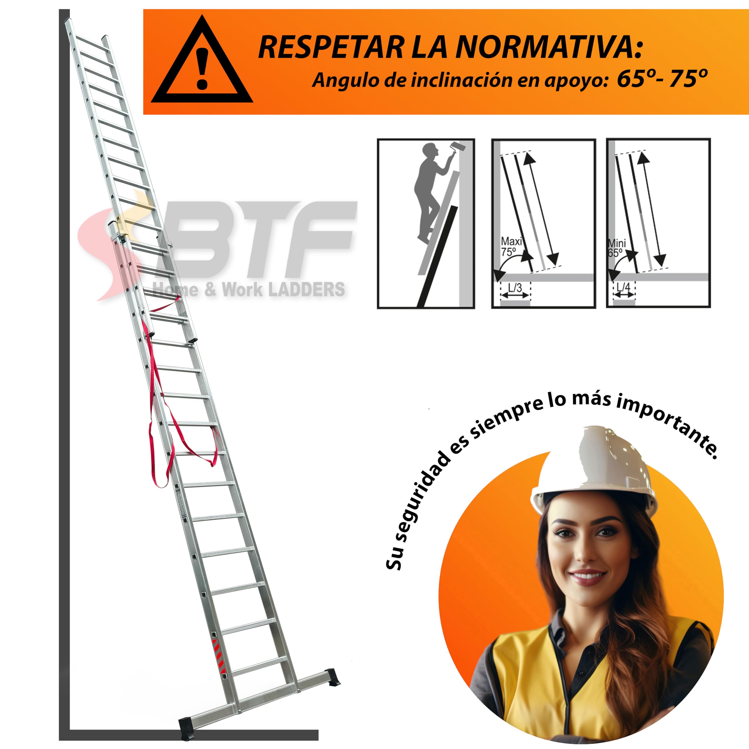 BTF | Escalera Plegable Aluminio Transformable 2 Tramos | Combinada 2 Secciones x 7 Peldaños, Escalera de Tijera y Extensible de Apoyo, Altura Apoyo 3,1m, Tijera 1,9m, Certificada EN131 Uso Doméstico
