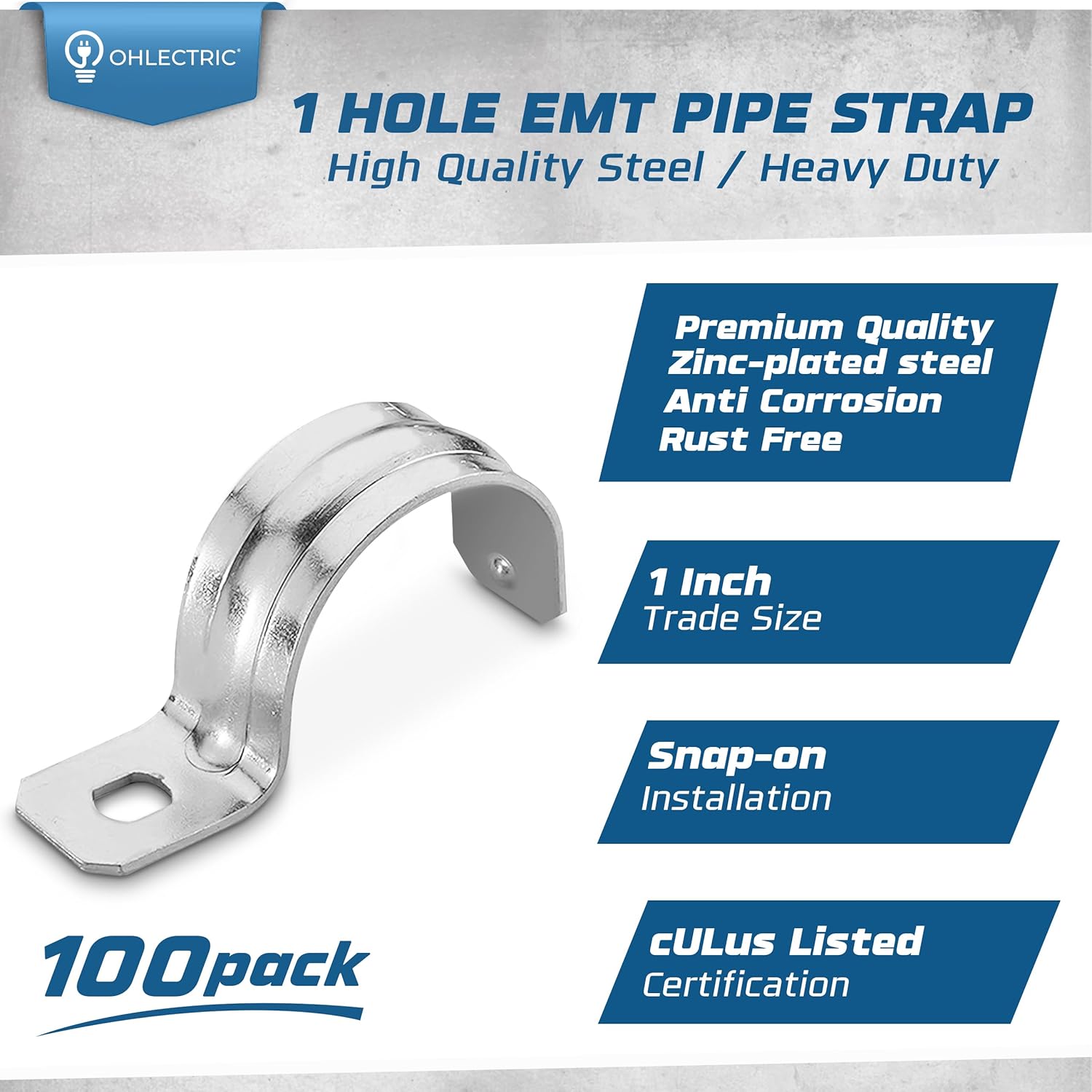 OHLECTRIC Heavy Duty Pipe Strap (100 Pack - 1 Inch) Zinc Plated Conduit Clamps, 1 Hole Steel EMT Pipe Strap U Bracket, Zinc Coated Tension Tube Clip, Metal Pipe Clamp for EMT Conduits