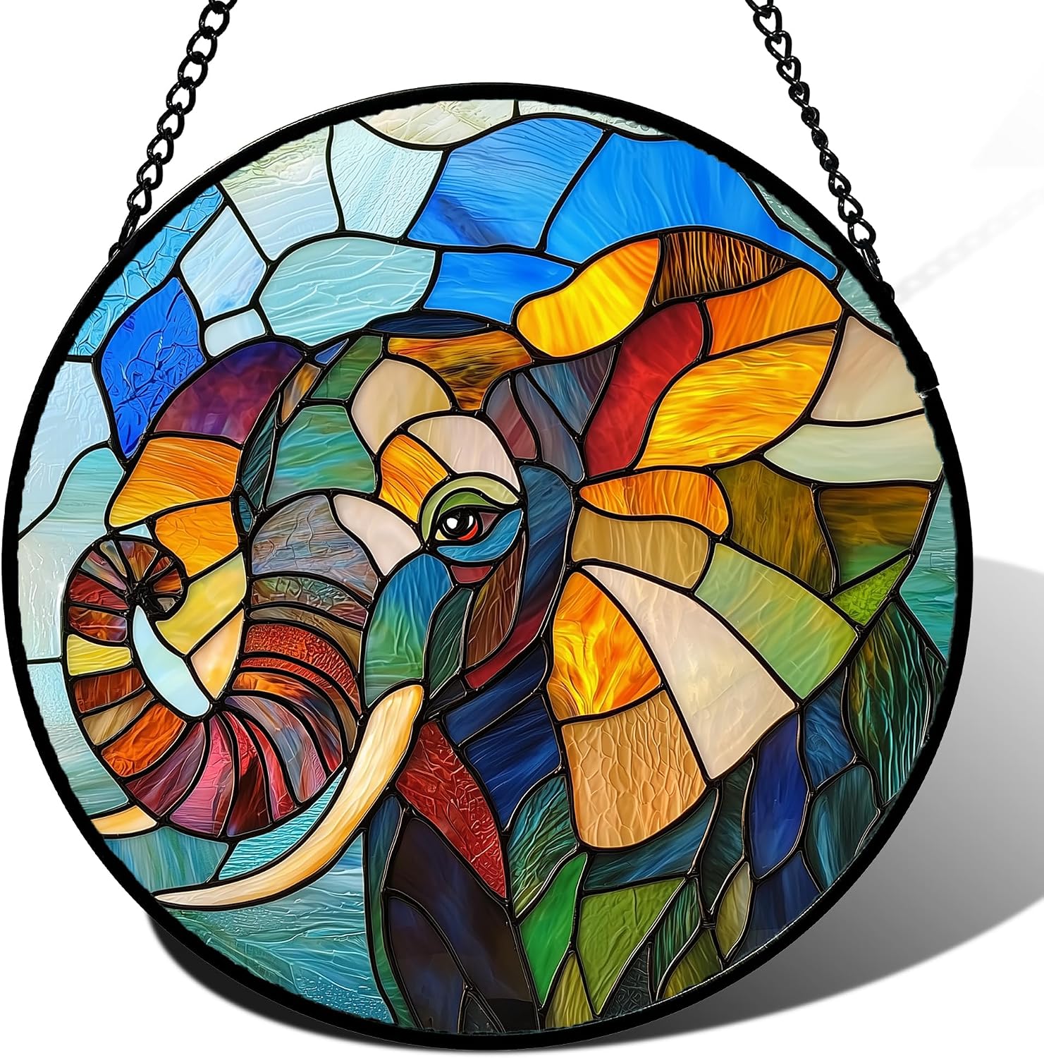 Stained Glass Window Hanging Blue Elephant Suncatcher Gift for Women 7.8"