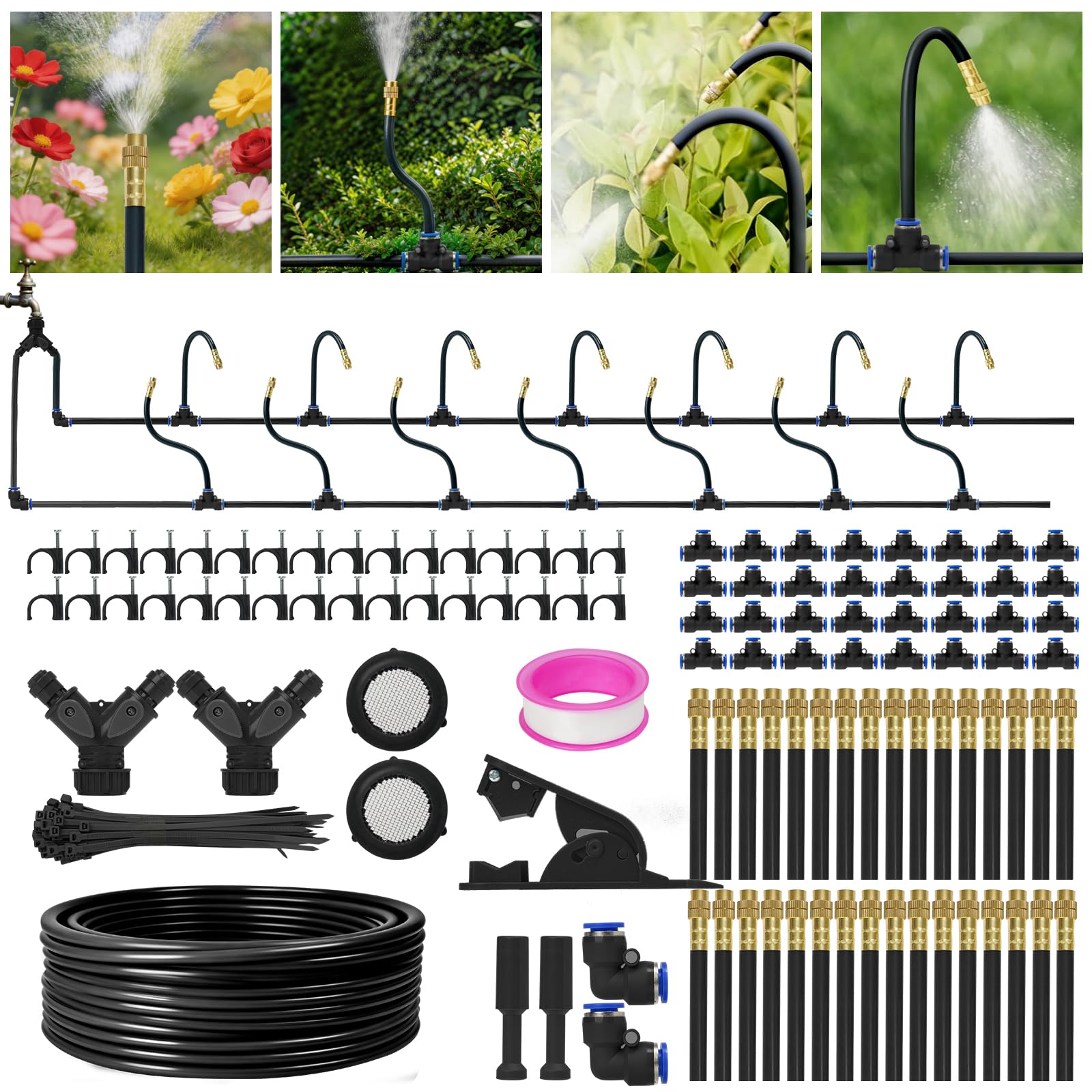 200FT Drip Irrigation System Kit, 5/16" High-Flow Garden Watering System with 32 Bendable Copper Nozzles- Automatic Drip Irrigation Kits for Plants, Greenhouse, Yard, Lawn