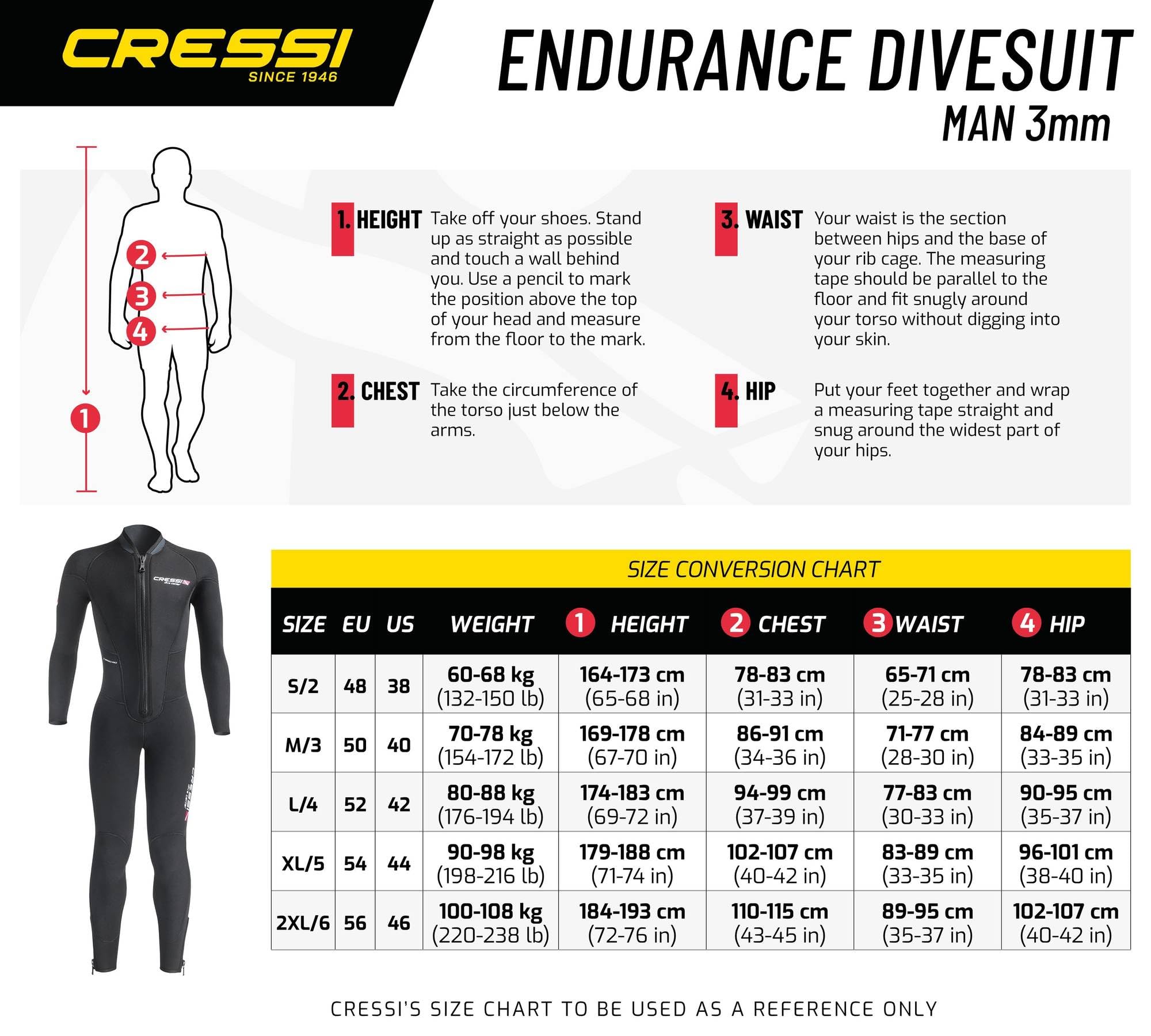 CRESSI Endurance Man Monopiece kombinezon 3 mm – męski podwójnie wyściełany neoprenowy czarny 3 mm jednoczęściowy kombinezon do nurkowania i snorkelingu, XL/5