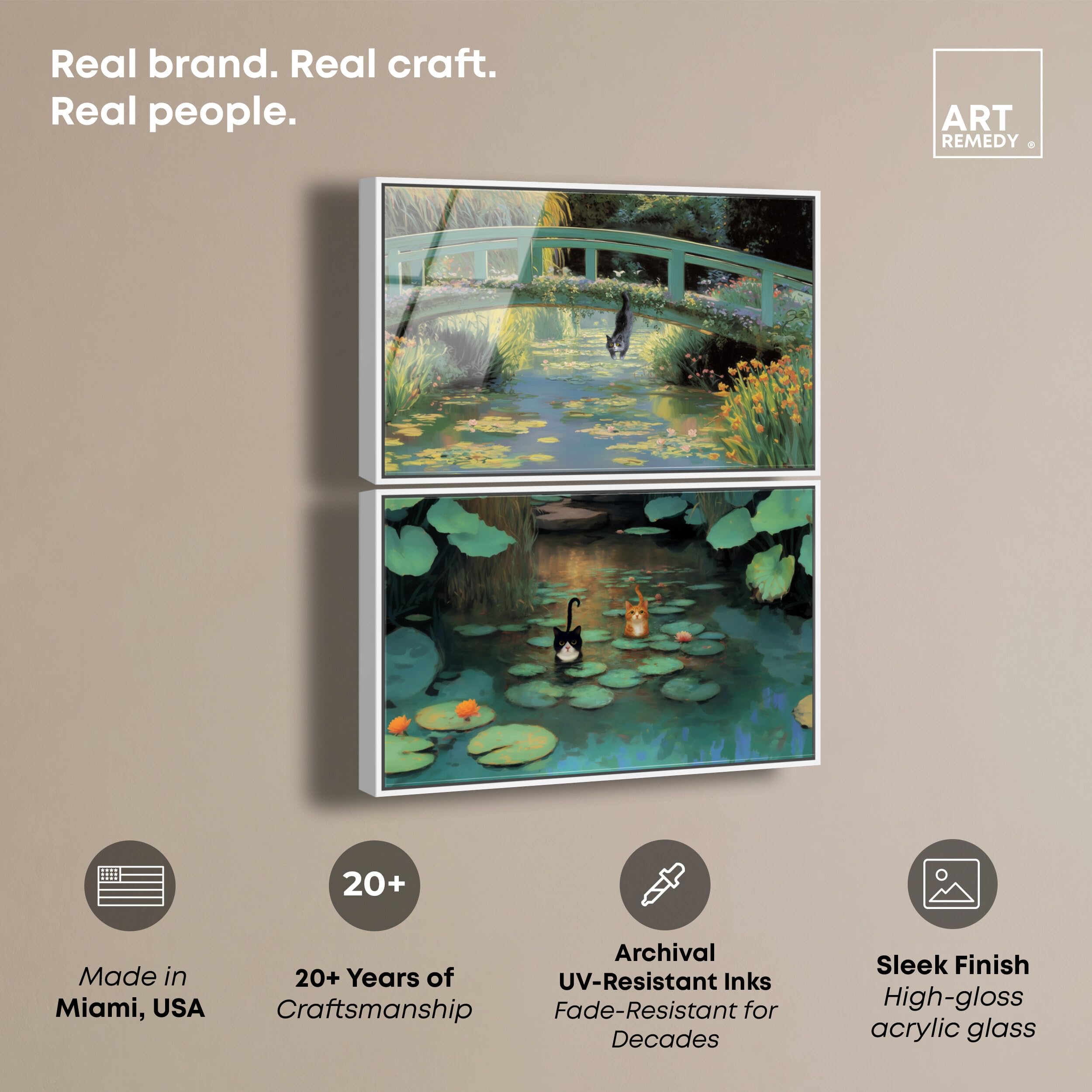 Art Remedy Kitty Pond Gerahmter Acryldruck, Landschaft, Wanddekor-Set, weißer Rahmen, 38,1 x 25,4 cm