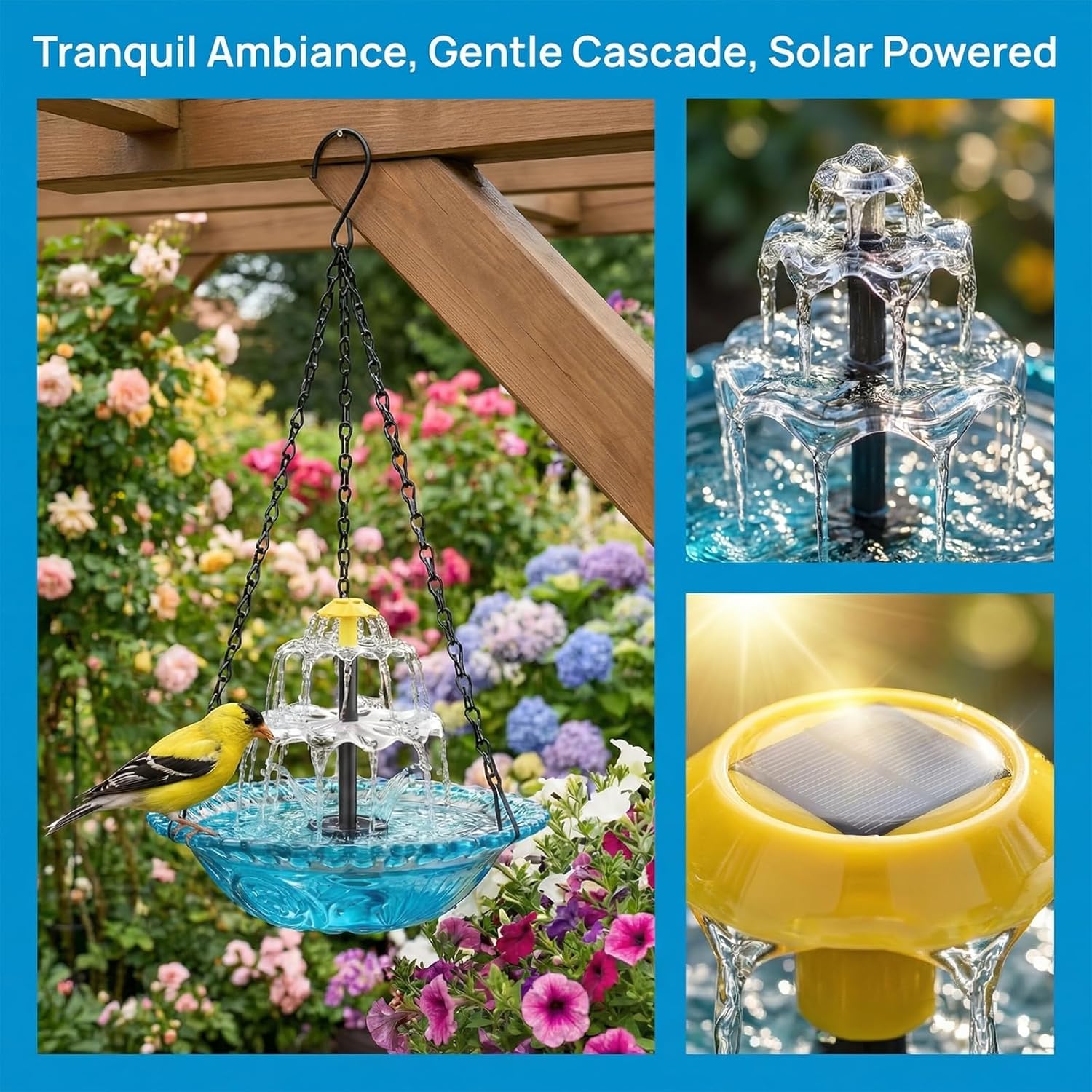 Solar Bird Bath Fountain Hanging – Solar Powered Outdoor Water Fountain for Birds,Hanging Bird Bath with Water, Easy Setup Garden Decor for Patio, Balcony, Backyard (Blue)