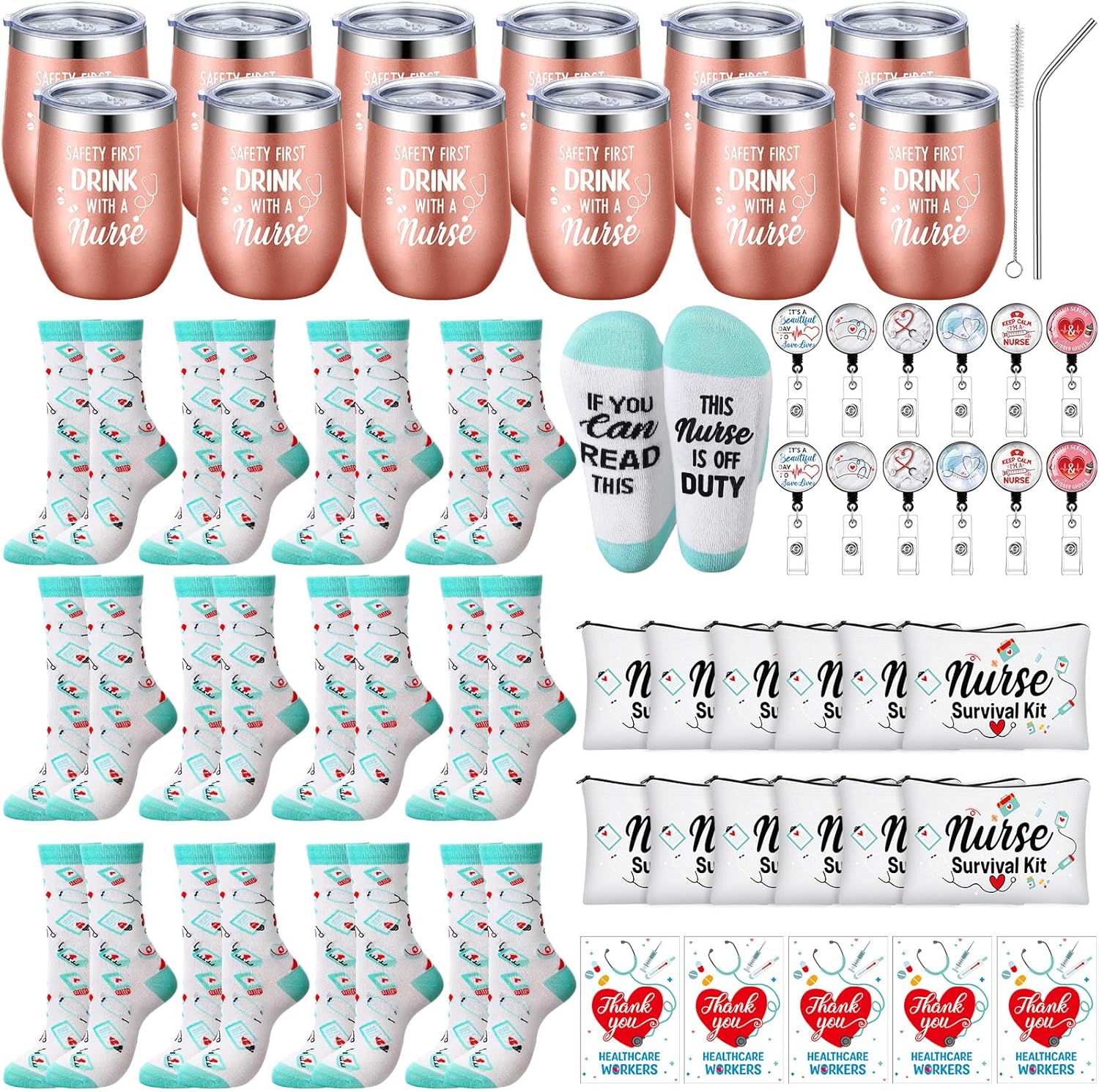 Tioncy 60 Pcs Nurses Week Gifts Bulk 2026 for Women Include 12 oz Stainless Steel Tumbler Cosmetic Bags Badge Reel Novelty Socks Nursing Appreciation Gift for Nurses Graduates(Classic)