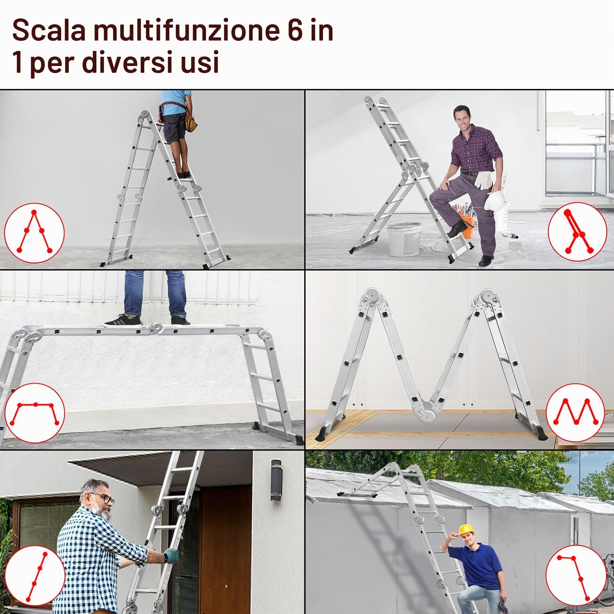 LZQ scala multiuso in alluminio, 4 x 3, 340 cm, 6 in 1, multifunzione, pieghevole, per uso domestico, per fare dei lavori