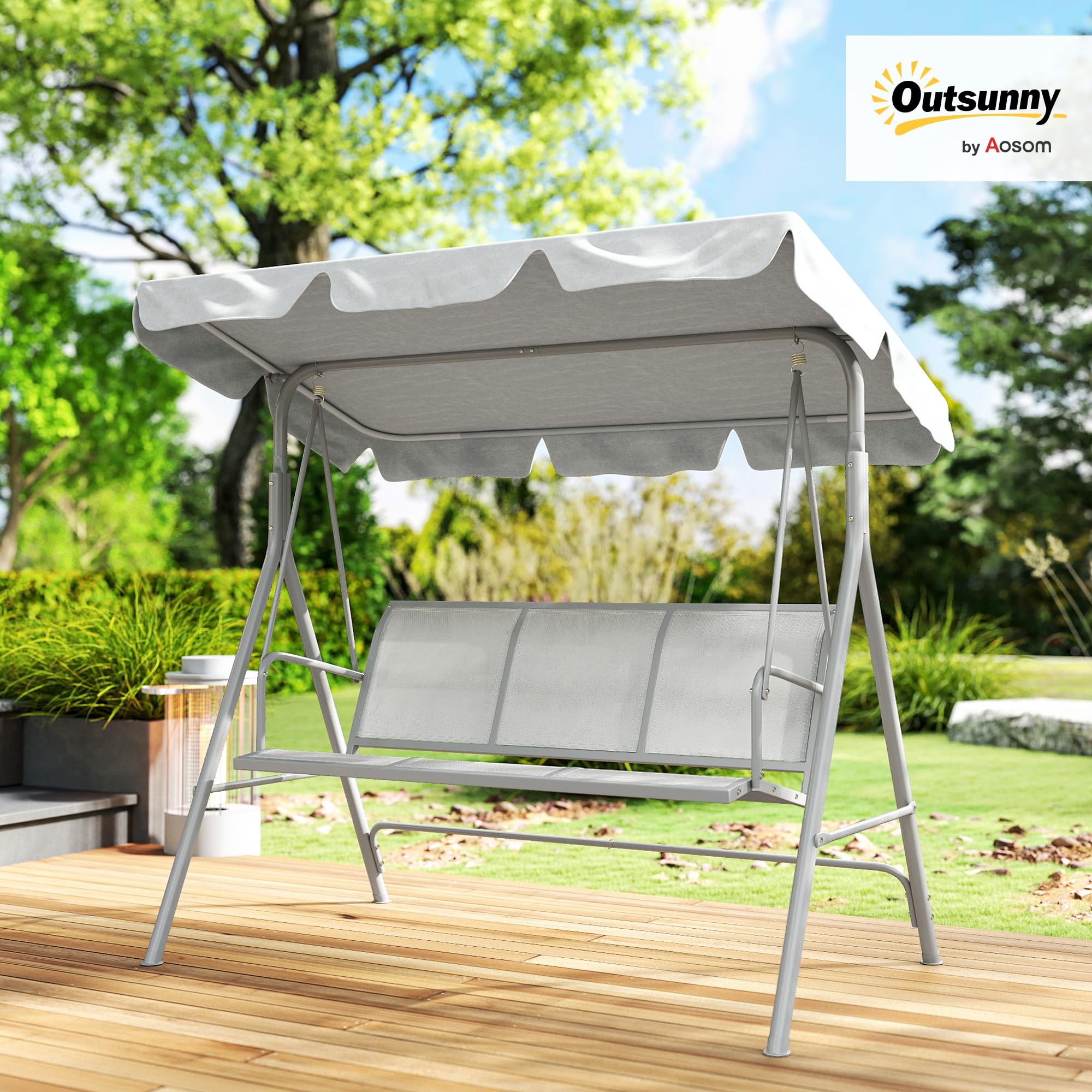 Outsunny Balancelle de Jardin 3 Places Grand Confort Toit imperméable Structure en Acier Gris