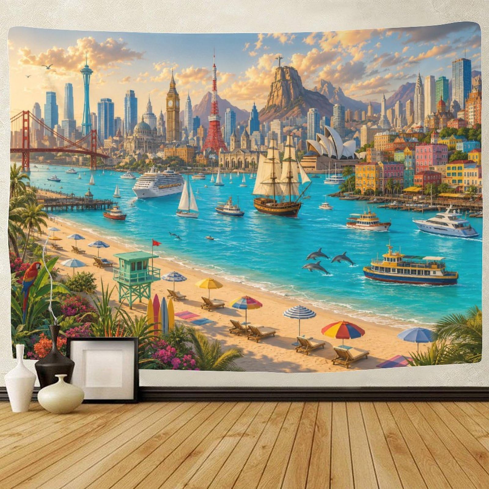 GPMNBCXZK World Famous Landmarks Collage 3D Print Tapestry Wall Hanging Decor Wall Art Decor Tapestries Poster Home Decoration Bedroom Living Room 150cmx200cm