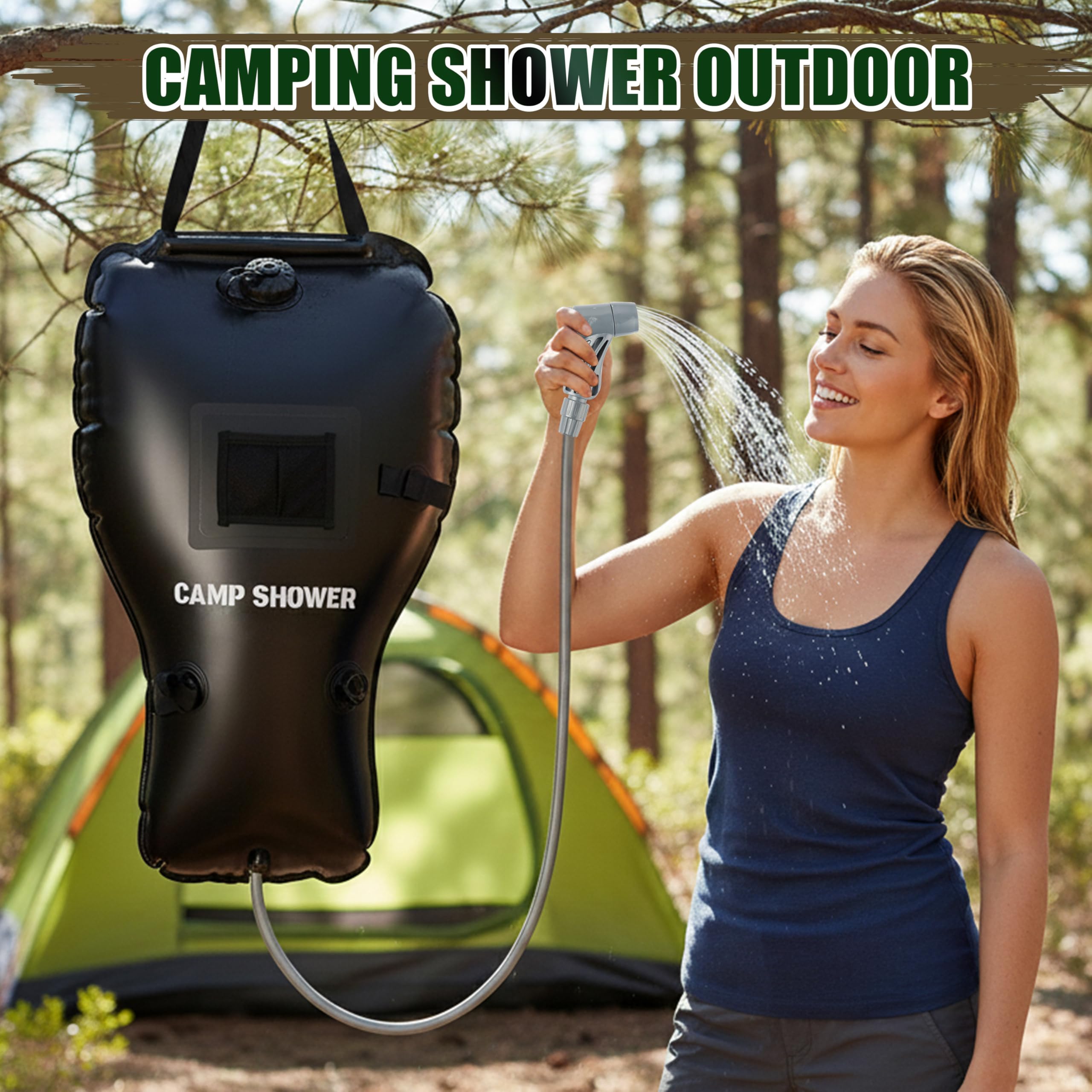 Doccia portatile per campeggio con grande flusso d'acqua da 25 litri, borsa da doccia da campeggio, accessori con tubo rimovibile e soffione per doccia commutabile on-off per escursionismo