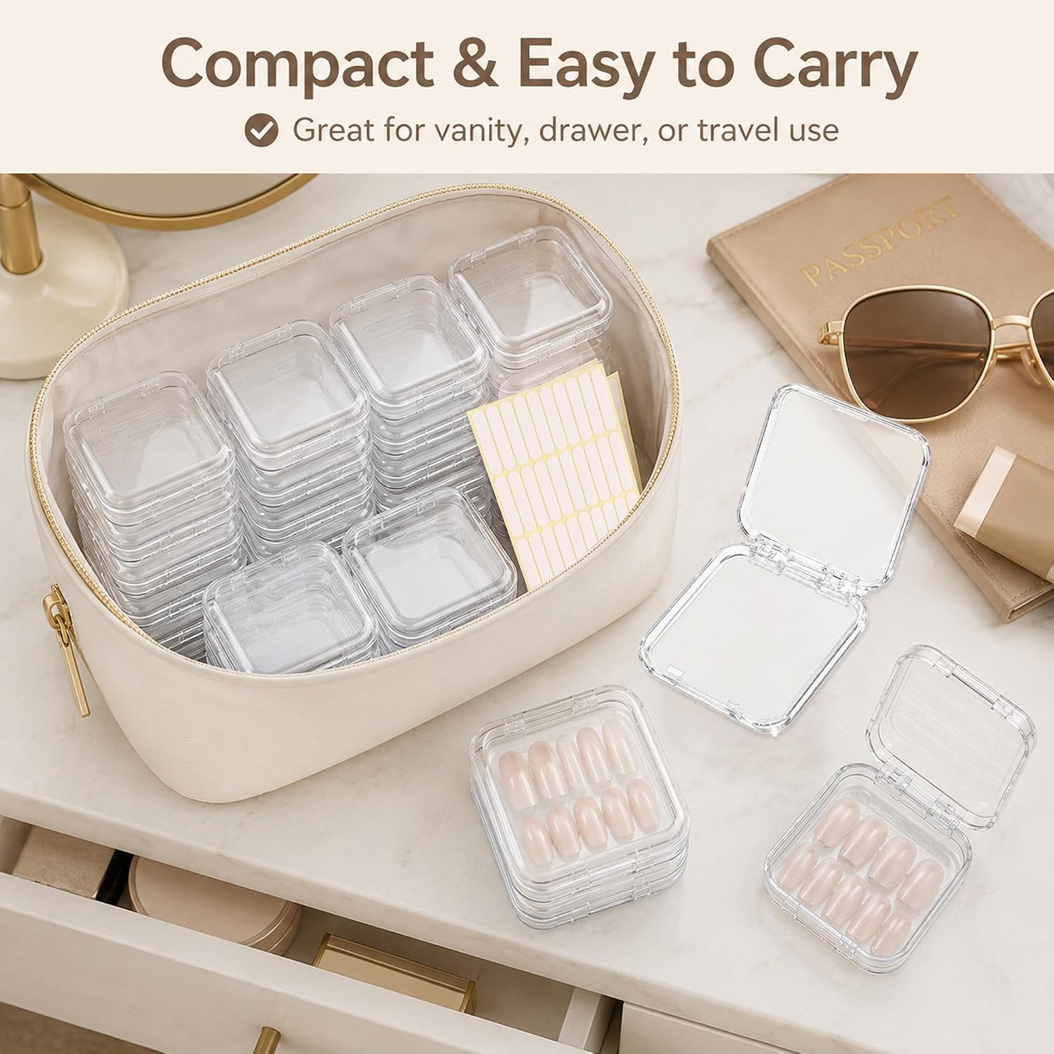 54 Pcs Press on Nail Boxes with 210 Pcs Adhesive Double Sided Tape, Clear | Press on Nail Case, Press on Nail Box Acrylic Transparent Storage Case Organizer for Display Art Salon Supplies