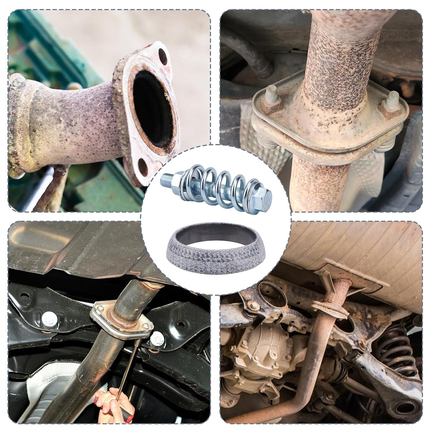 2pcs Exhaust Manifold Gasket & 2 Bolts Kit, High-Temp Sealed Donut Gasket with Shock Absorbing Springs for Car, Truck, SUV Exhaust System Repair (60mm)