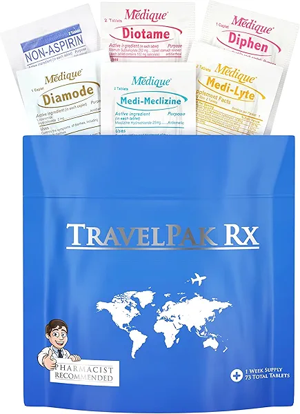 TravelPakRx Travel Essentials Medicine Kit 73 Tablets Individually Wrapped, Variety Pack of 6 Different OTC Travel Rx Kit Medications for Travel, Cruises, Camping, Created by Pharmacist