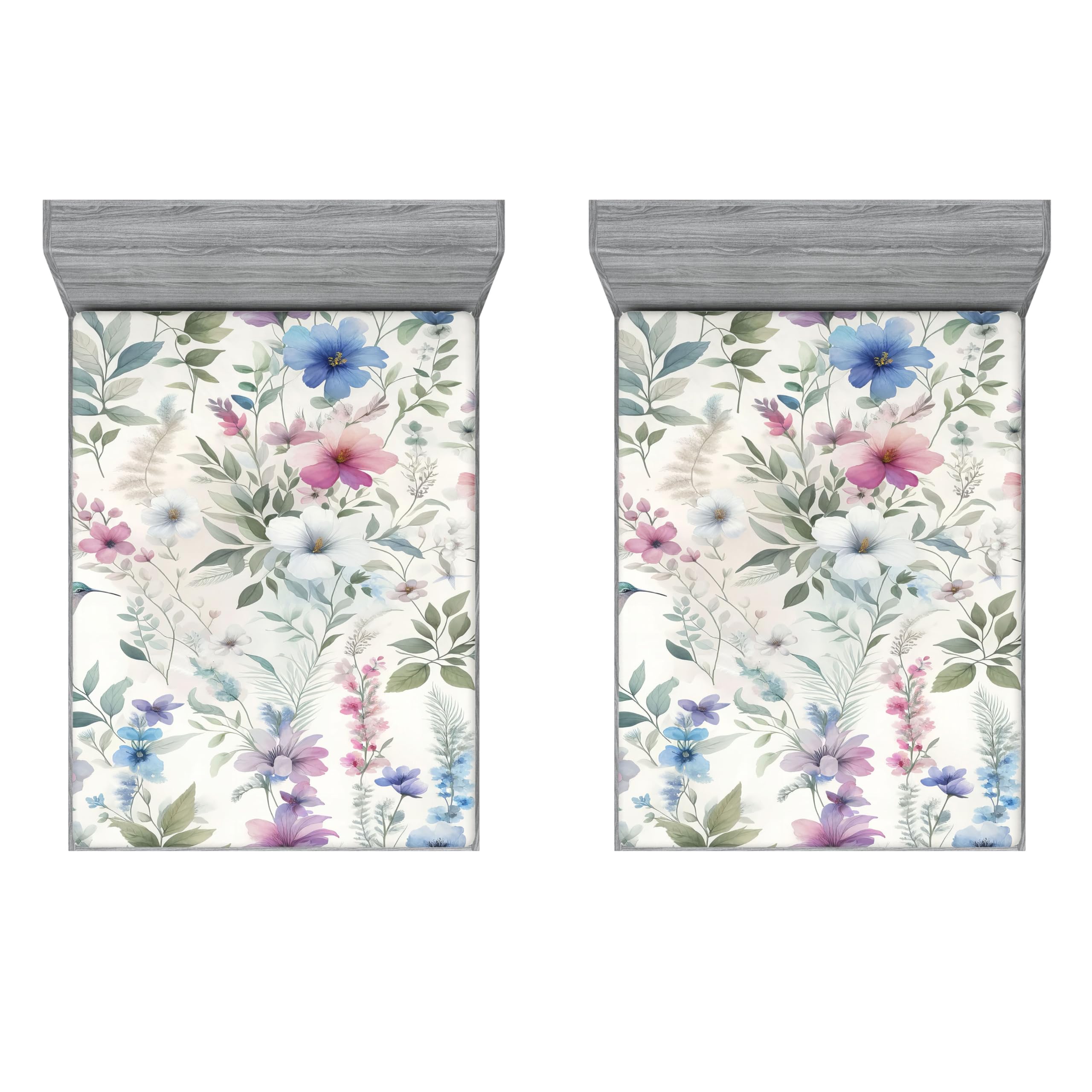 Ambesonne Birds and Nature 2 Pack Fitted Sheet, Nature Hummingbird, Bed Cover All-Round Elastic Deep Pockets 2 Pieces, Package Contains 2 California King Fitted Sheets, Laurel Green Pale Lilac