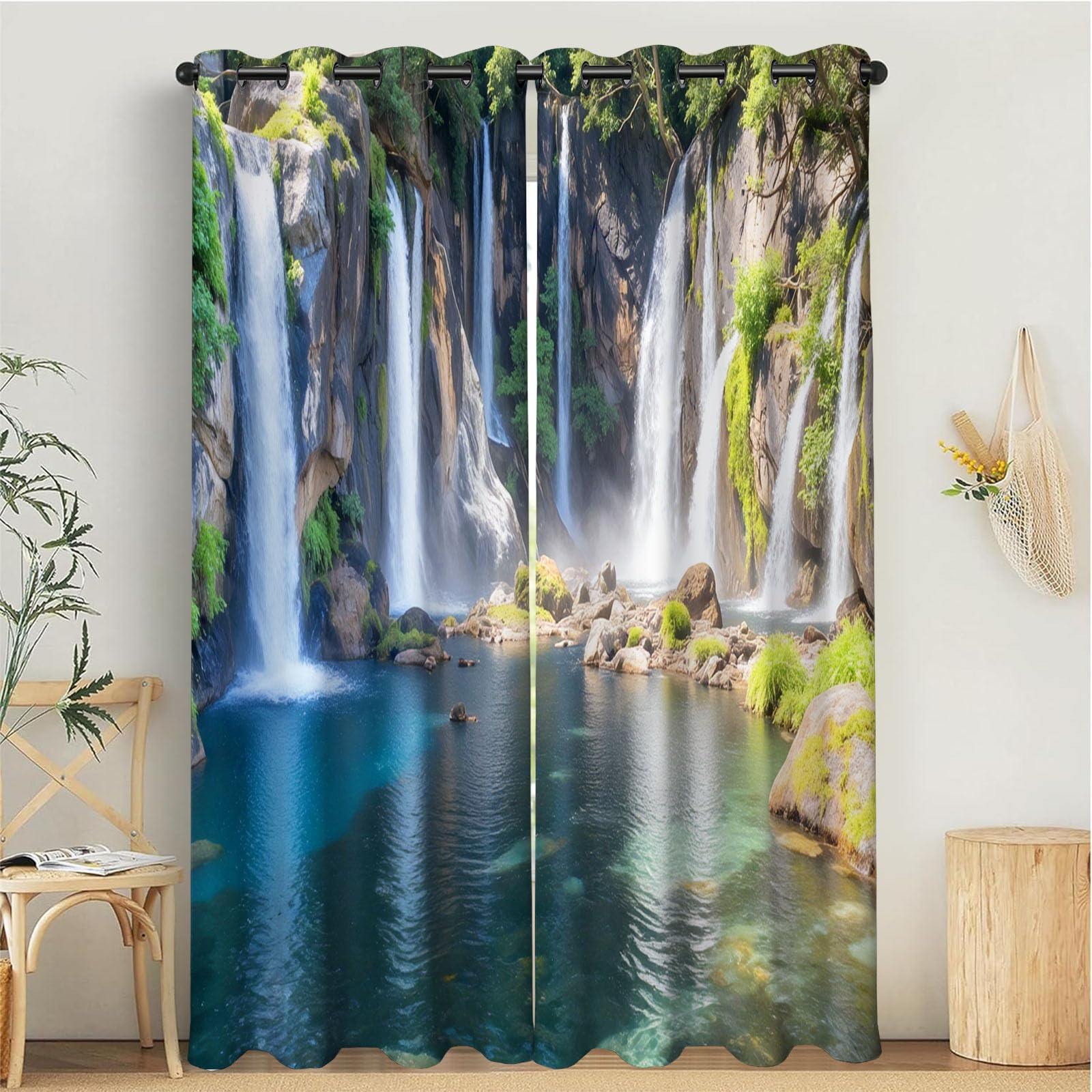 Rideau occultant thermique 140x240 cm motif cascade turquoise lot de 2