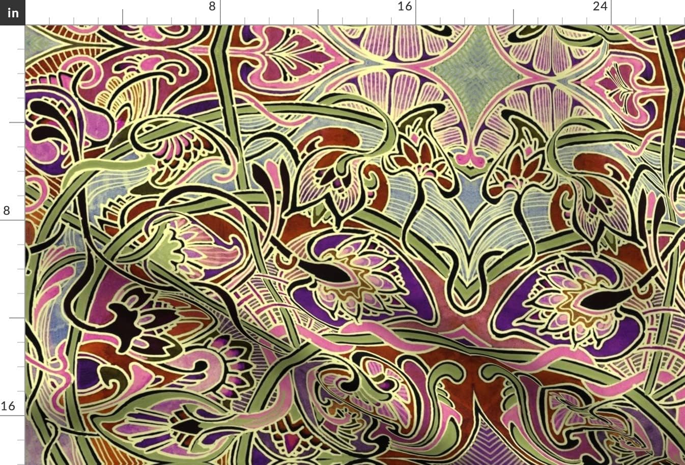 Spoonflower Fabric - Scale Nouveau Paisley Gardens Green Purple Bold Beige Art Ornate Printed on Minky Fabric by The Yard - Sewing Baby Blankets Quilt Backing Plush