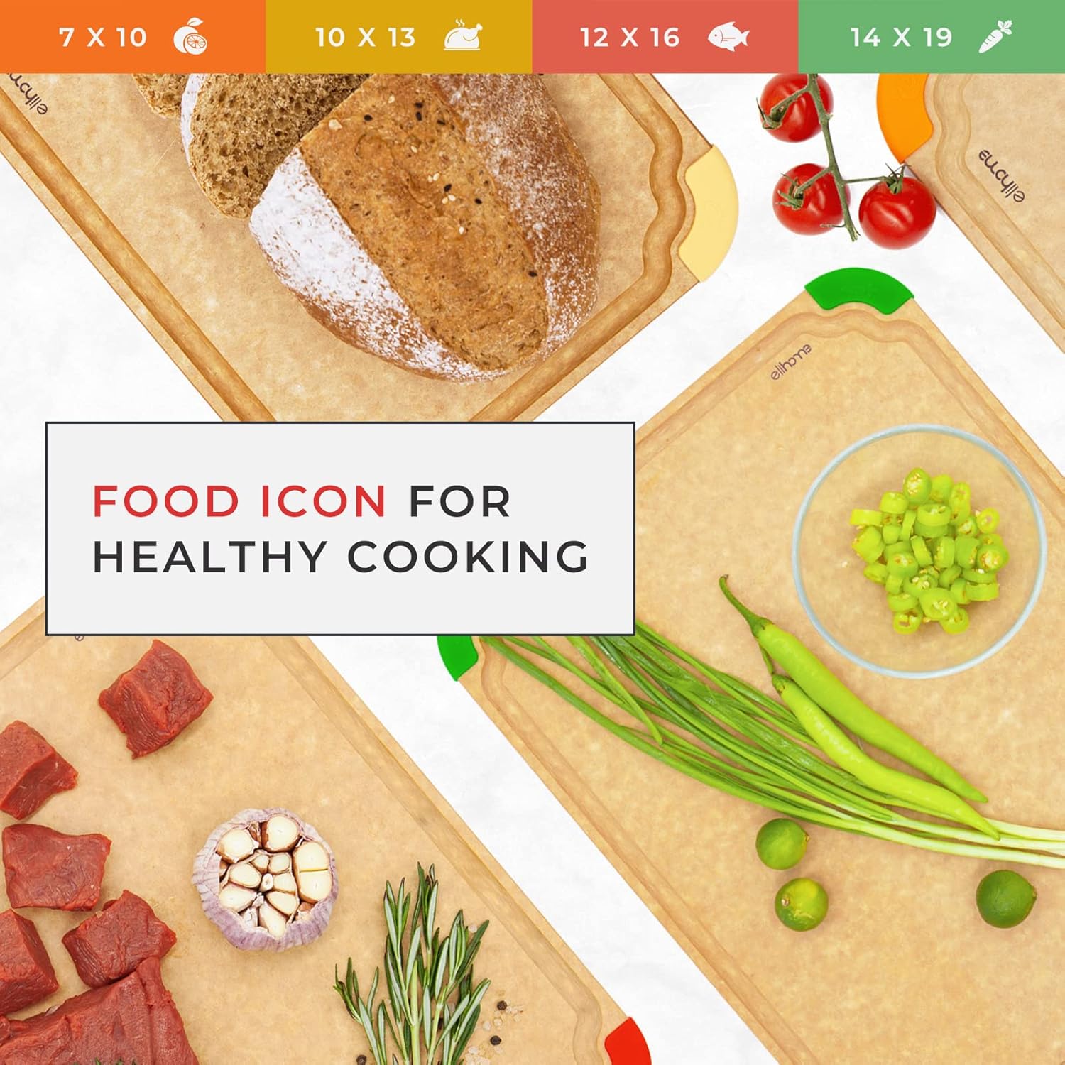 Elihome Premium Series Color Code Wood Fiber Dishwasher Safe Cutting board for Kitchen, Food Icon, Juice Grooves, Non-Porous, Non-slip Feet,Made in USA, X-Large 19 x 14 x 1/4"