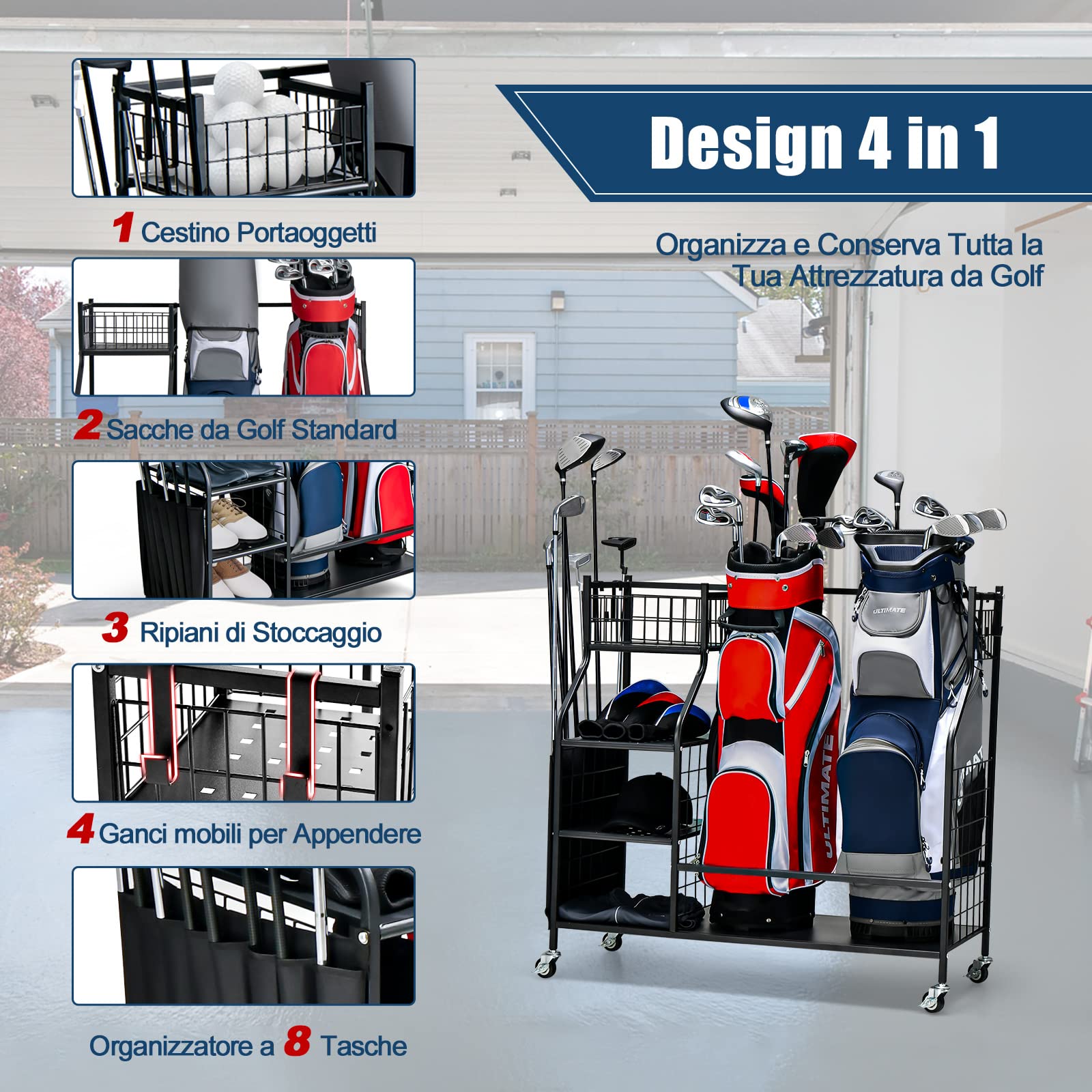 COSTWAY Organizer per Sacca da Golf per Garage, Carrello per 2 Borse da Golf con Ruote Bloccabili, Ganci e Tasche Porta Mazze da Golf, Organizer per Accessori da Golf e Attrezzature Sportive