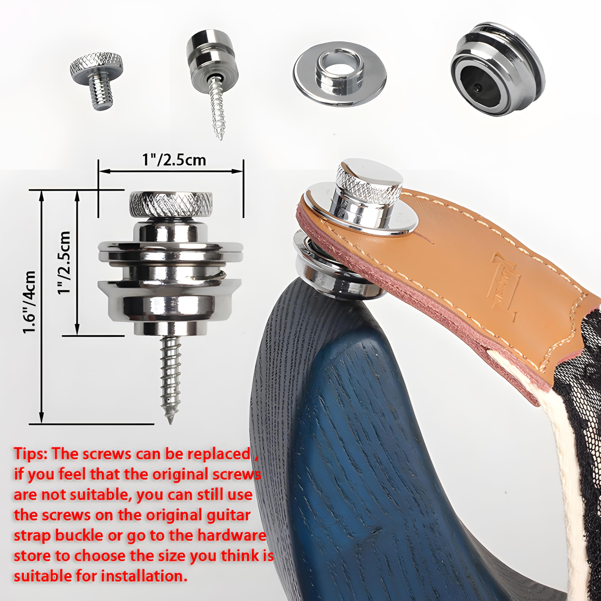 3PCS Silver Guitar Strap Locks, Metal Flat Round Head Strap Locks, Buttons Security Quick Release, Heavy Duty Strap Lock Set for Electric/Classic/Acoustic Guitar, Bass