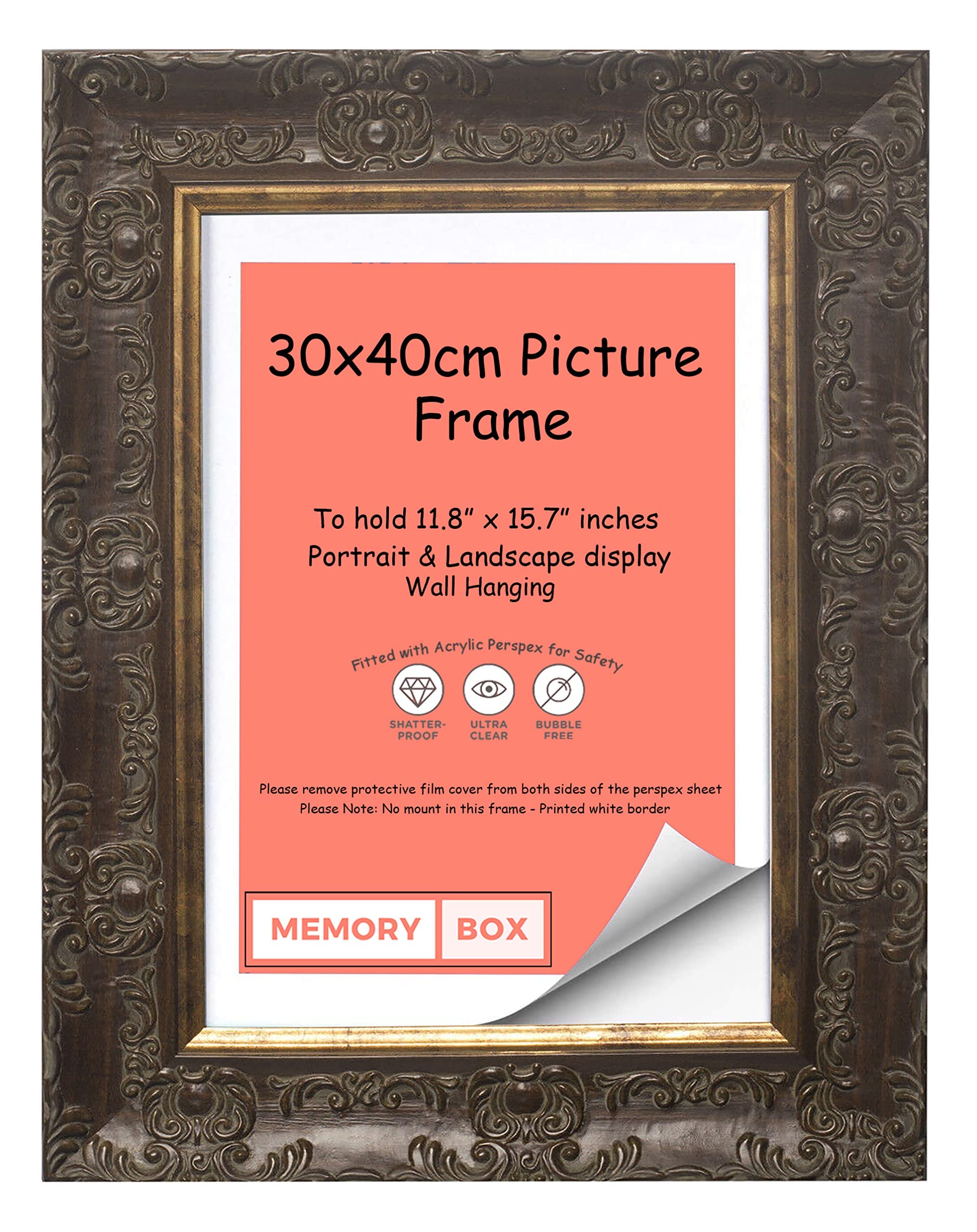 Memory Box WIDE Ornate Shabby Chic Antique swept MUSE Picture/Photo/Poster frame with Real Glass - Moulding 58mm Wide and 28mm Deep - (30 x 40cm) Mahogany Colour 11.8" x 15.7"